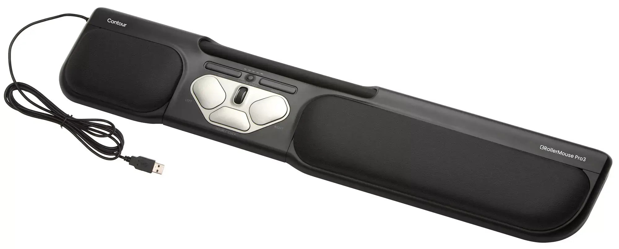 RollerMouse Pro3 wired ergonomic mouse with rollerbar design for easy cursor control and reduced strain, USB connection visible.