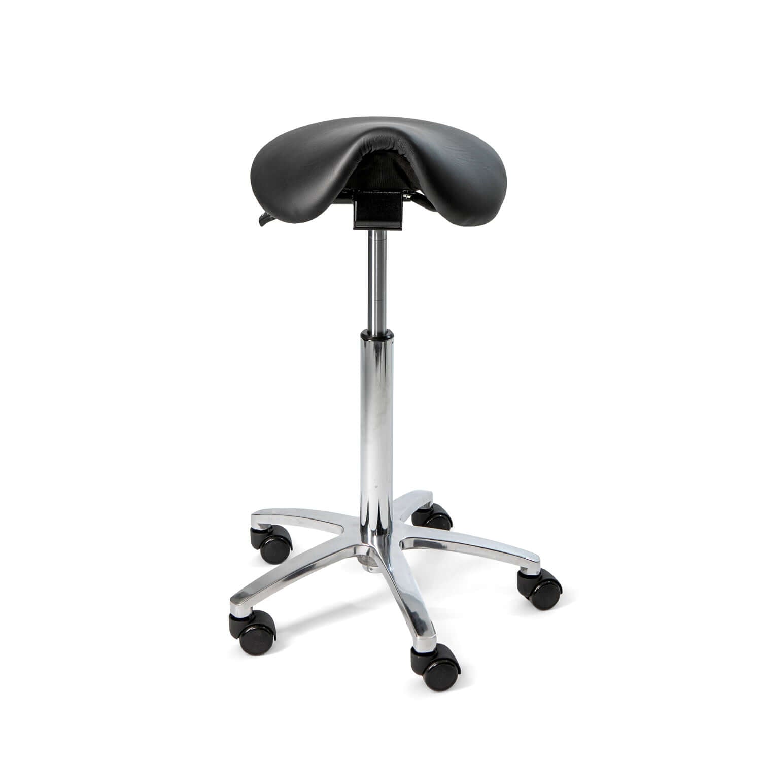 Black leather Matilda saddle chair with adjustable seat and ergonomic design, featuring five caster wheels and chrome base.