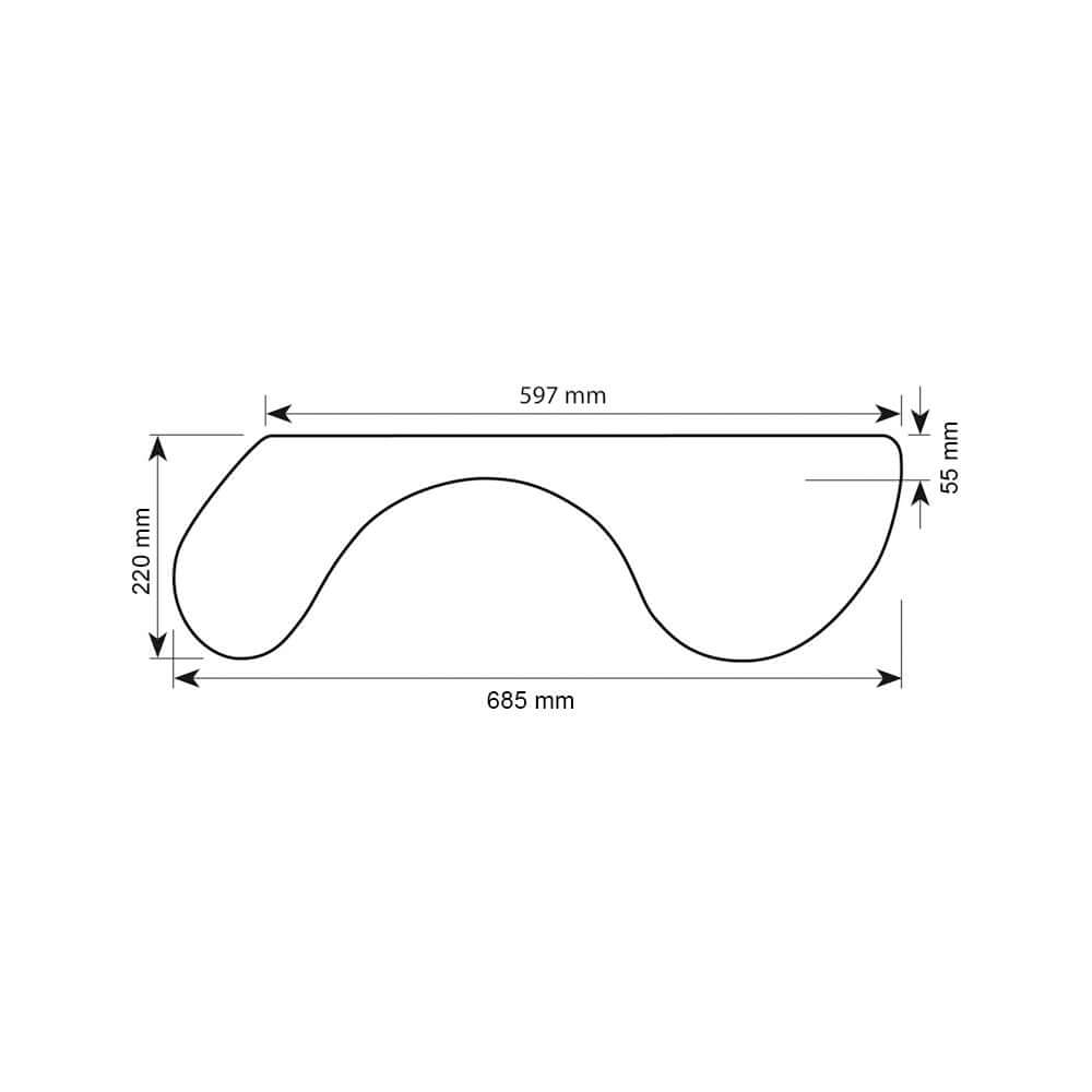 Dimensions diagram of ErgoFinland Premium Armrest; 685 mm width, 220 mm height, and 55 mm depth for ergonomic comfort.