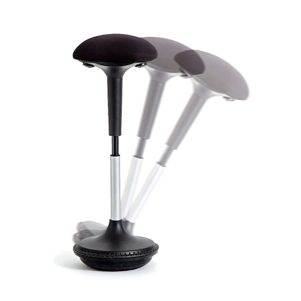 GetUpSit active chair in black fabric with rocking base for ergonomic sitting and improved posture in workplaces and homes.