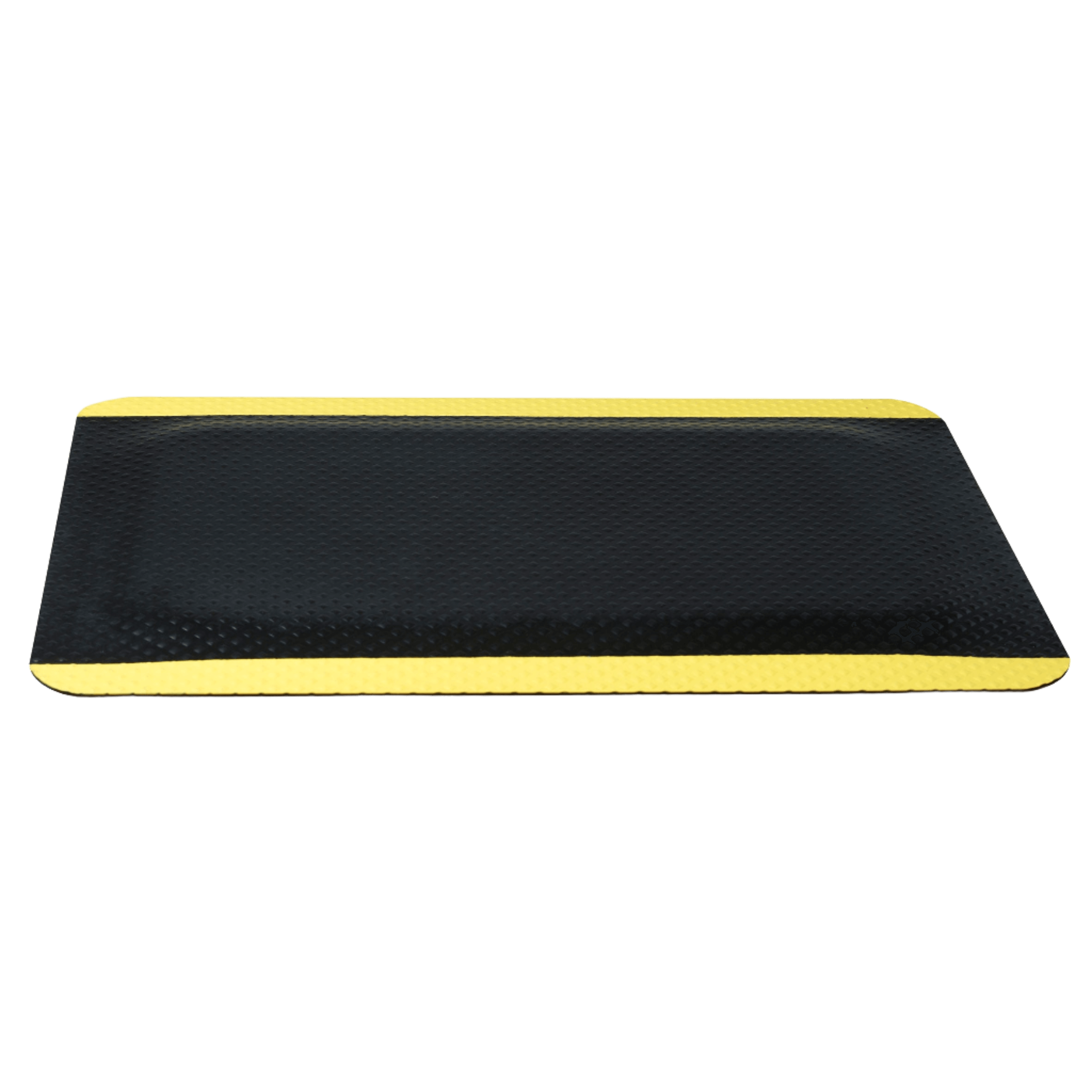 Industrial washable safety mat with yellow edges for ergonomic support in dry and damp environments.