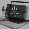 Privacy filter for 15.6" wide 16:9 screens; self-adhesive, glare reduction, scratch protection; shown on laptop screen.