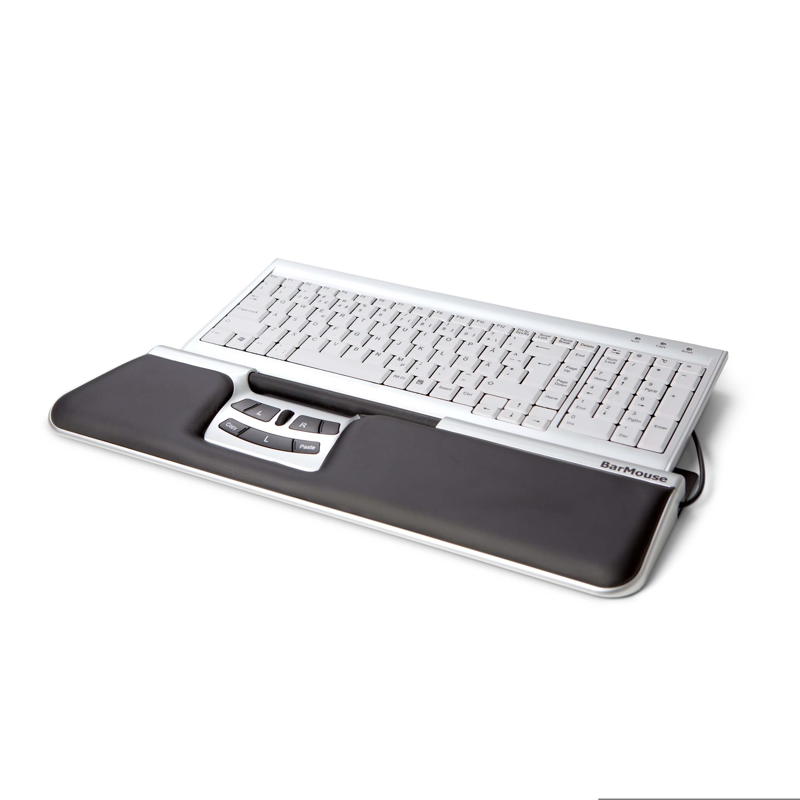 Ergonomic BarMouse Silver Slim central mouse with keyboard, minimizes neck and shoulder strain, promotes comfortable hand positioning.
