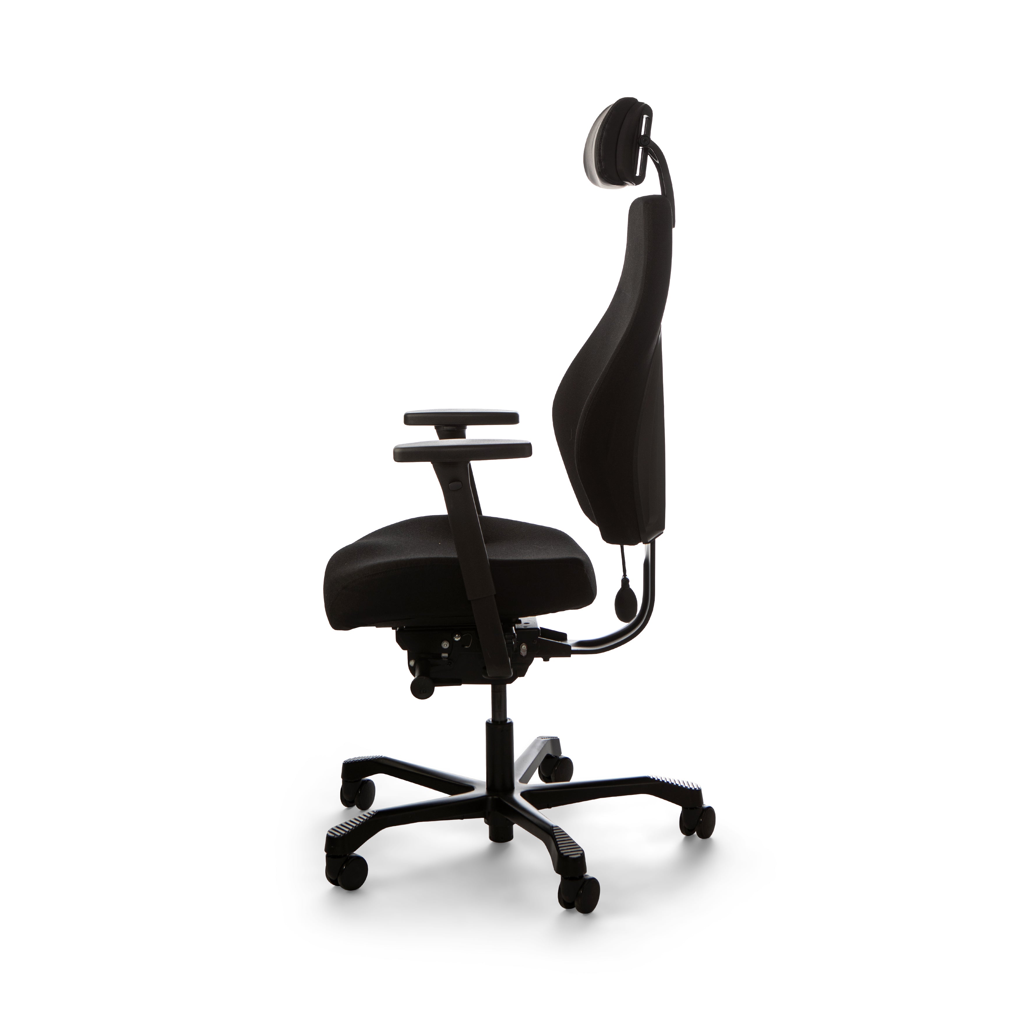 Josefin työtuoli – sivukuva, jossa näkyy selkänojan korkeus- ja istuimen syvyyden säätö