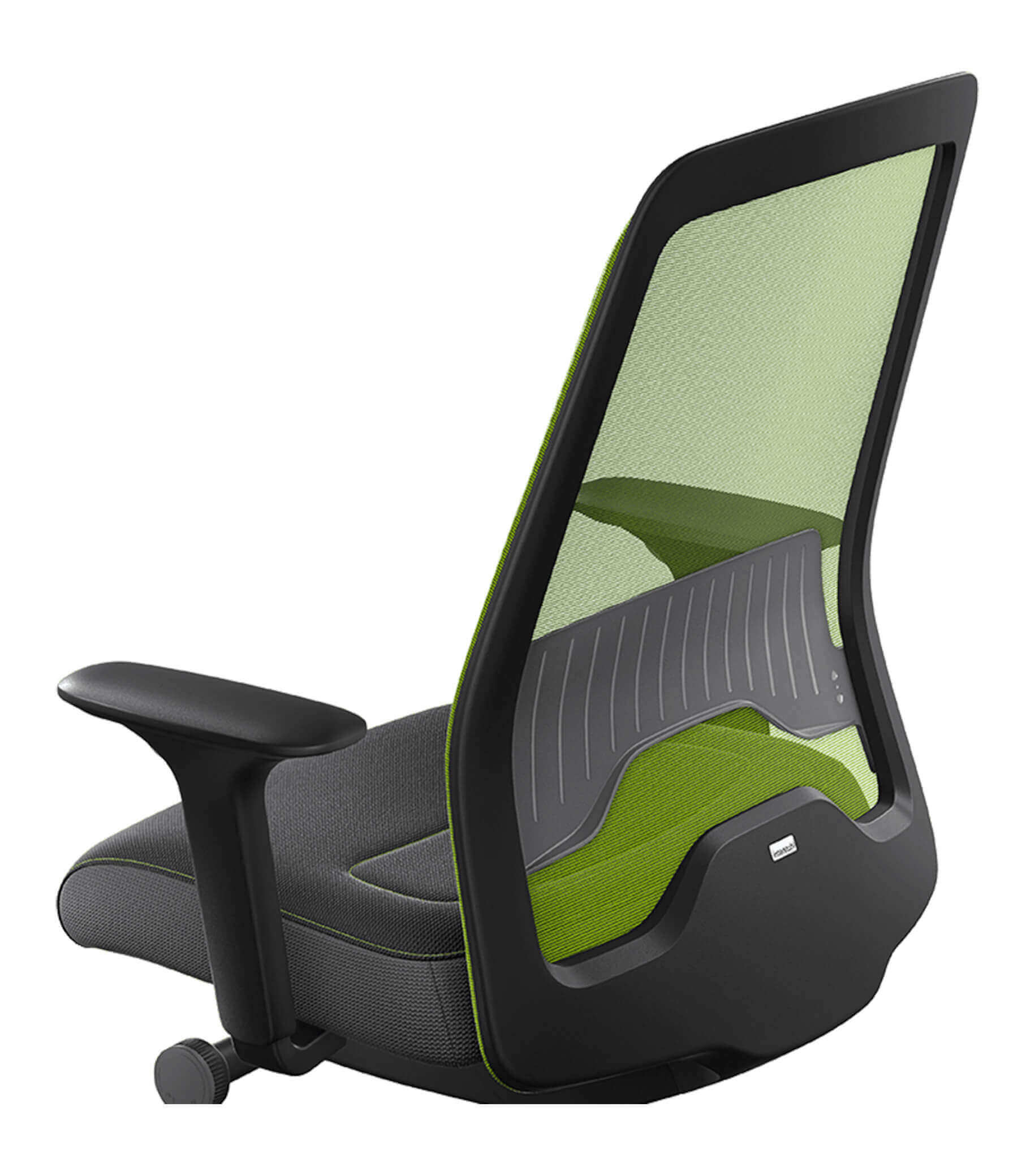 Ergonomic chair with green mesh back and T-armrests featuring Flextech synchro mechanism for enhanced movement and comfort.