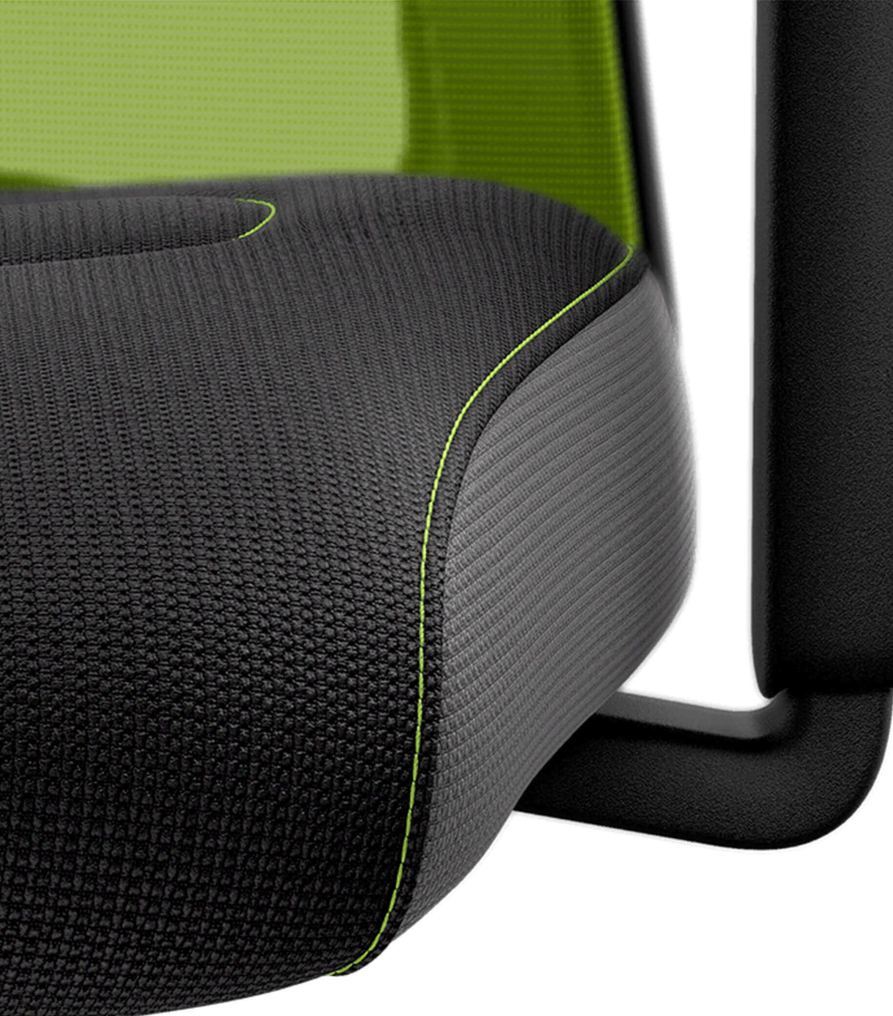 Green mesh back and black seat detail of ergonomic chair with Flextech synchro mechanism for active seating and comfort.
