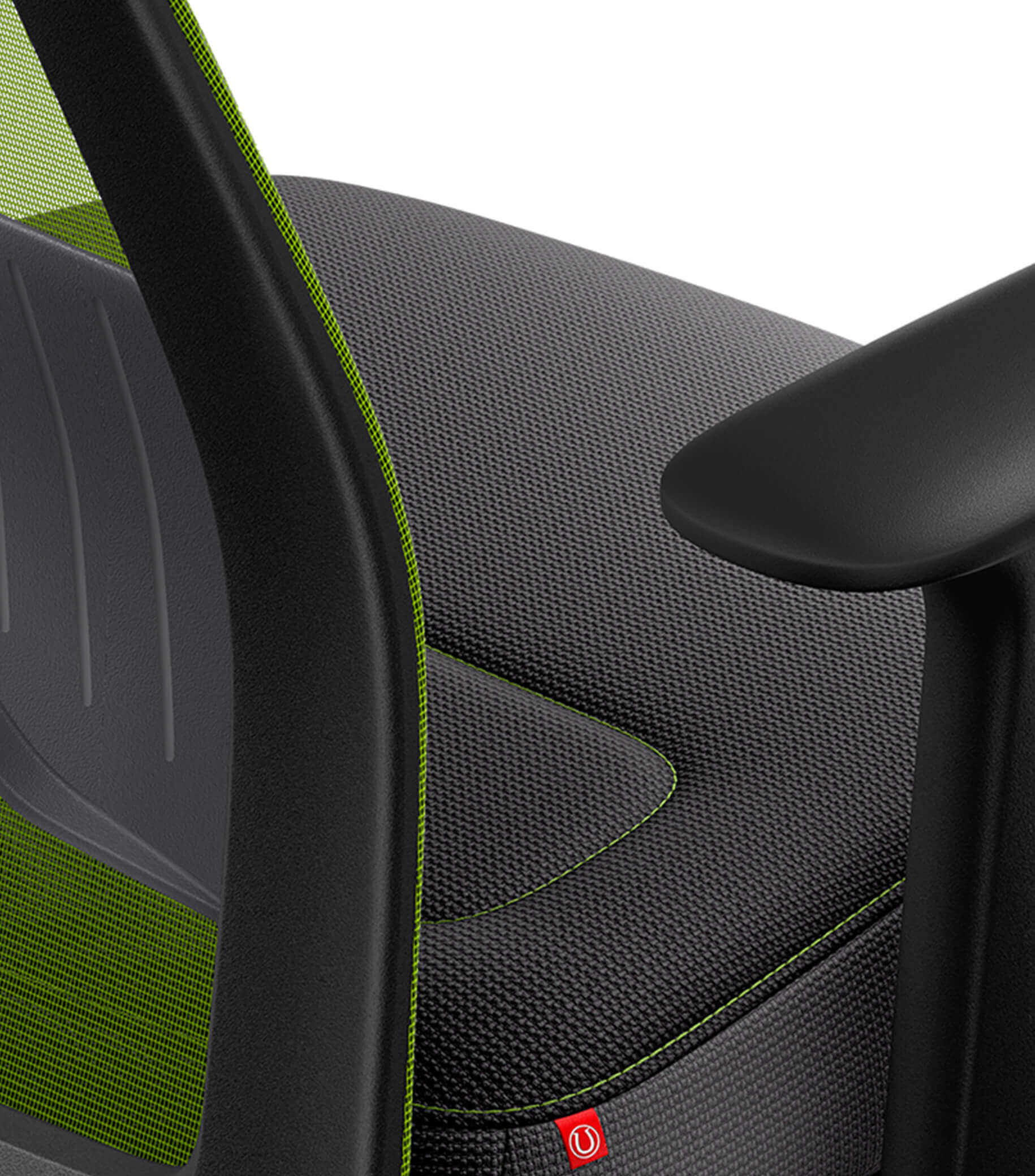 Green mesh office chair with ergonomic Flextech Synchro Mechanism and adjustable T-armrests for active sitting and better posture.