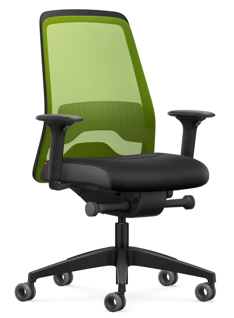 Ergonomic office chair with green mesh back and T-armrests featuring Flextech synchro mechanism for active sitting.