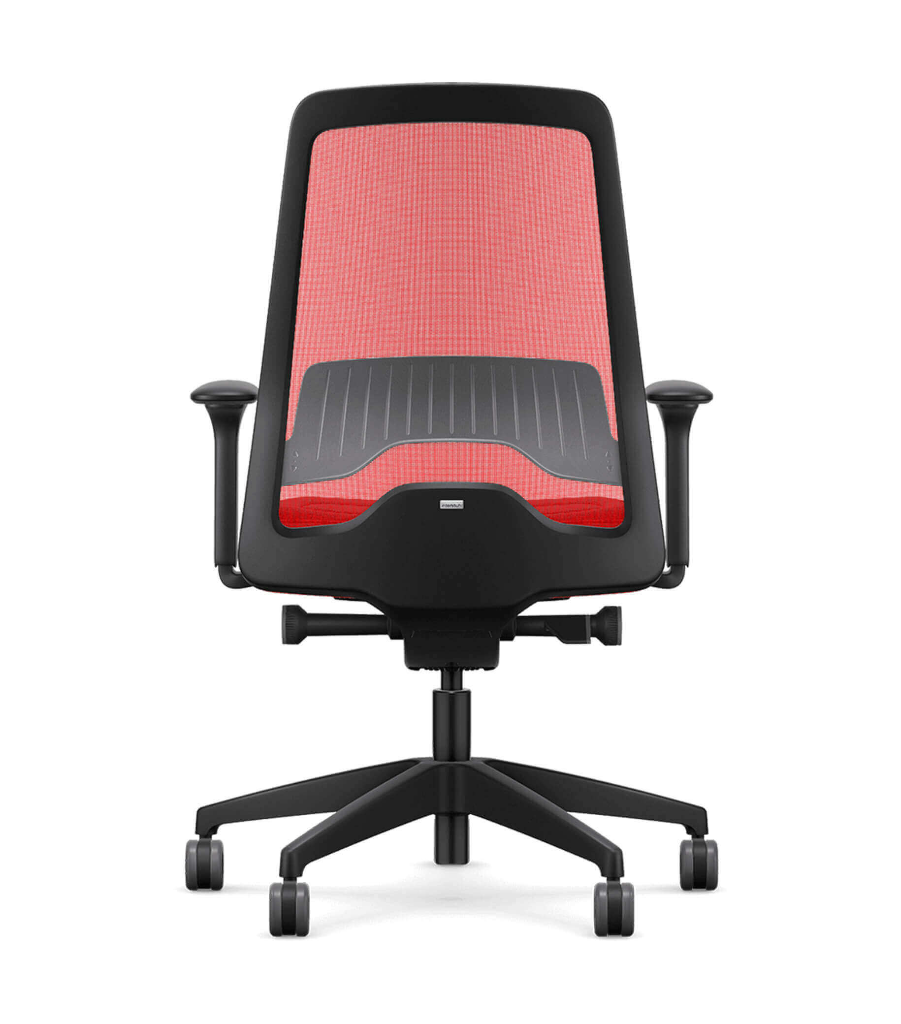 Ergonomic office chair with red mesh back and T-armrests featuring Flextech synchro mechanism for active sitting.