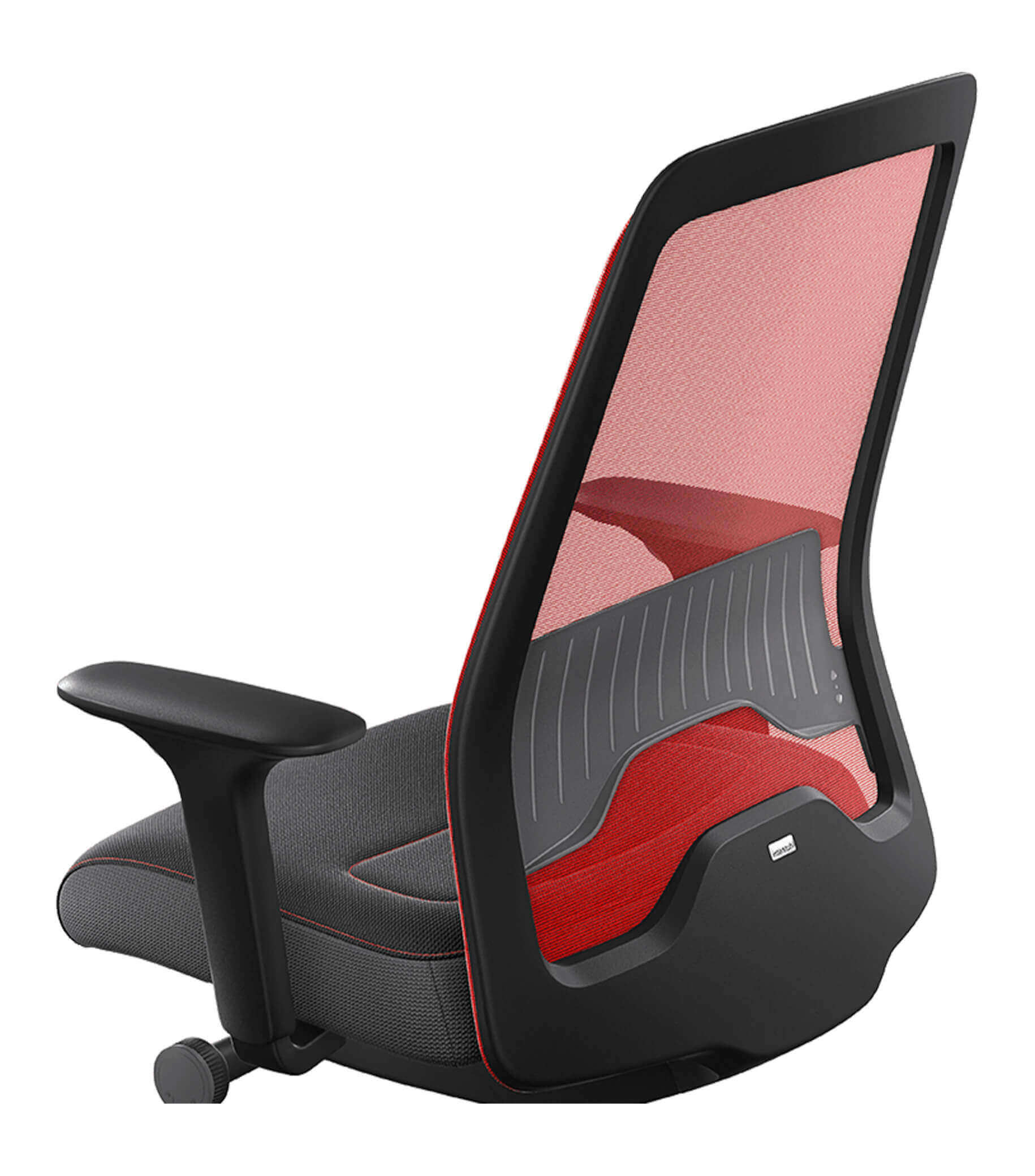 Red mesh back ergonomic chair with Flextech Synchro Mechanism and T-armrests for active seating and optimized posture.