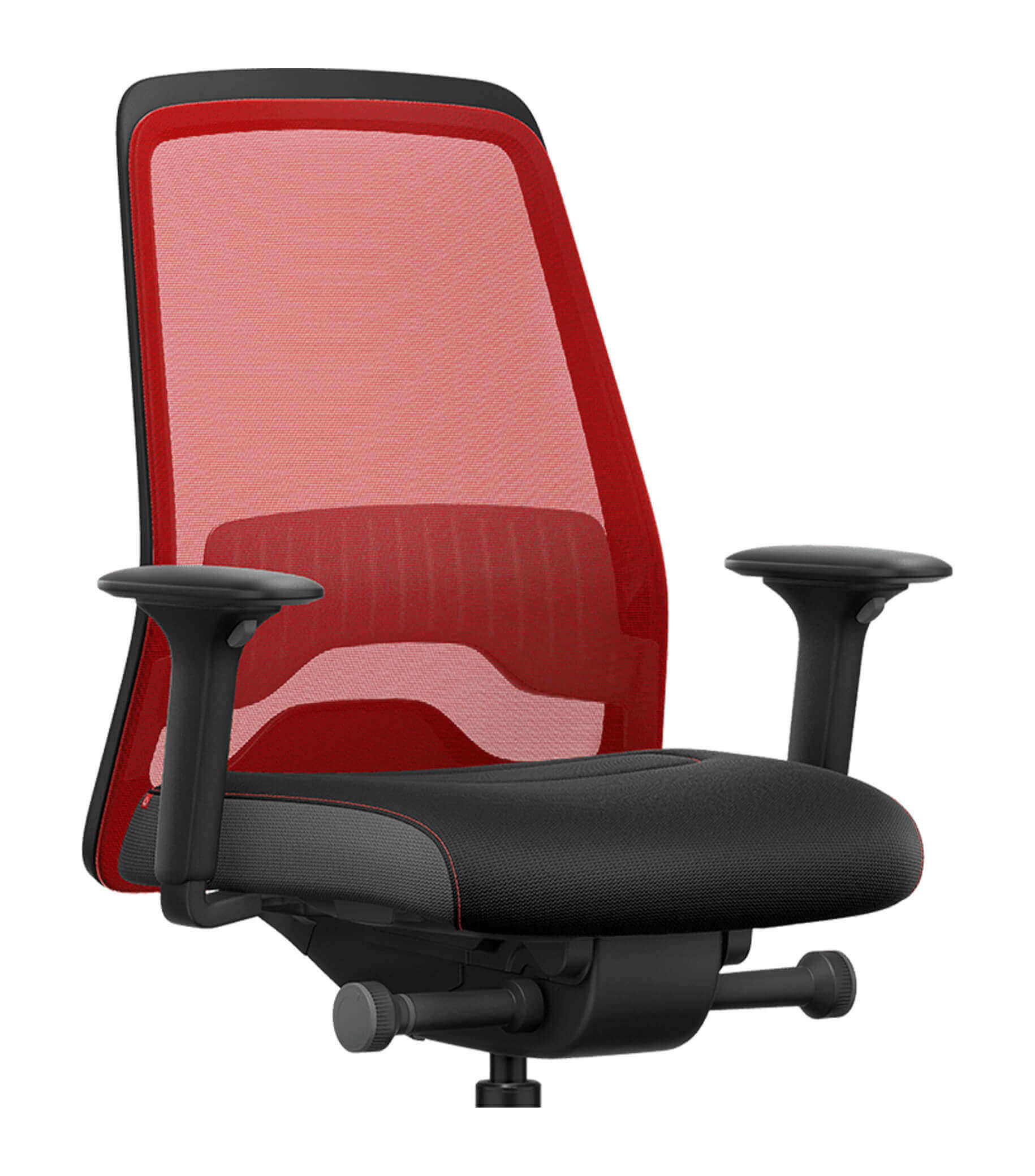 Ergonomic office chair with red mesh back and adjustable T-armrests featuring Flextech synchro mechanism for active sitting.