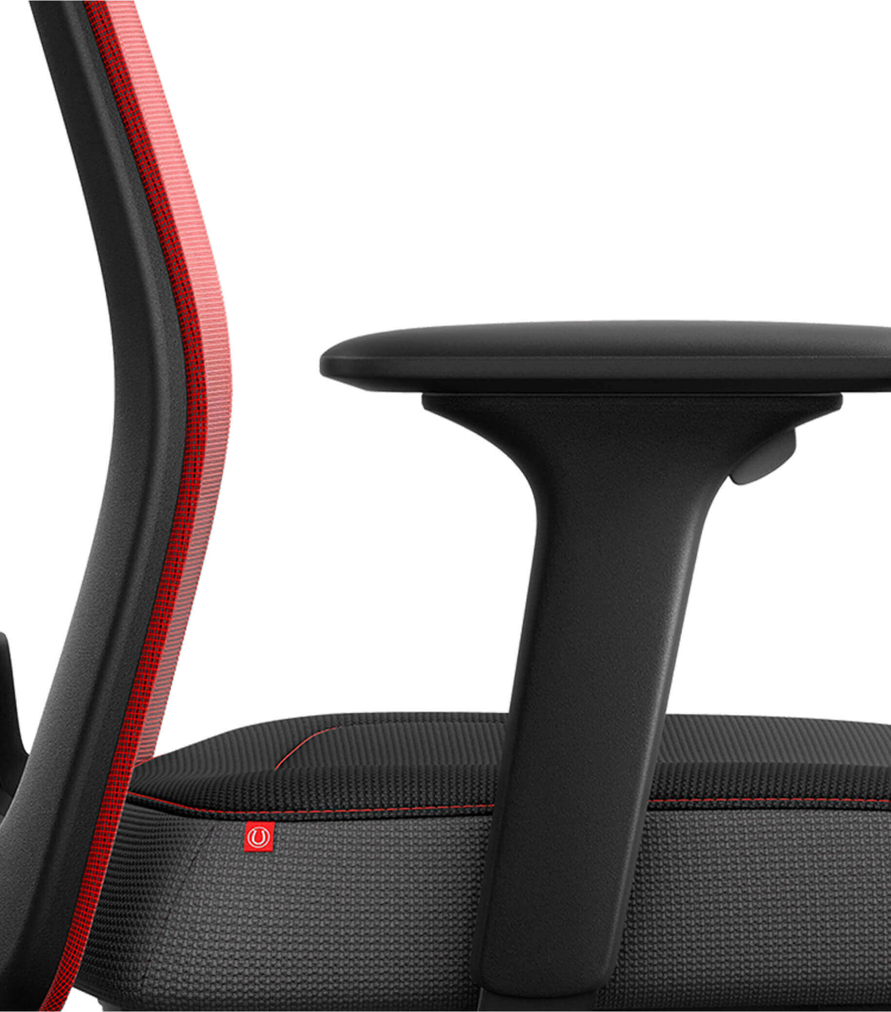 Red mesh ergonomic chair with Flextech synchro mechanism and adjustable T-armrests for active sitting and improved posture.