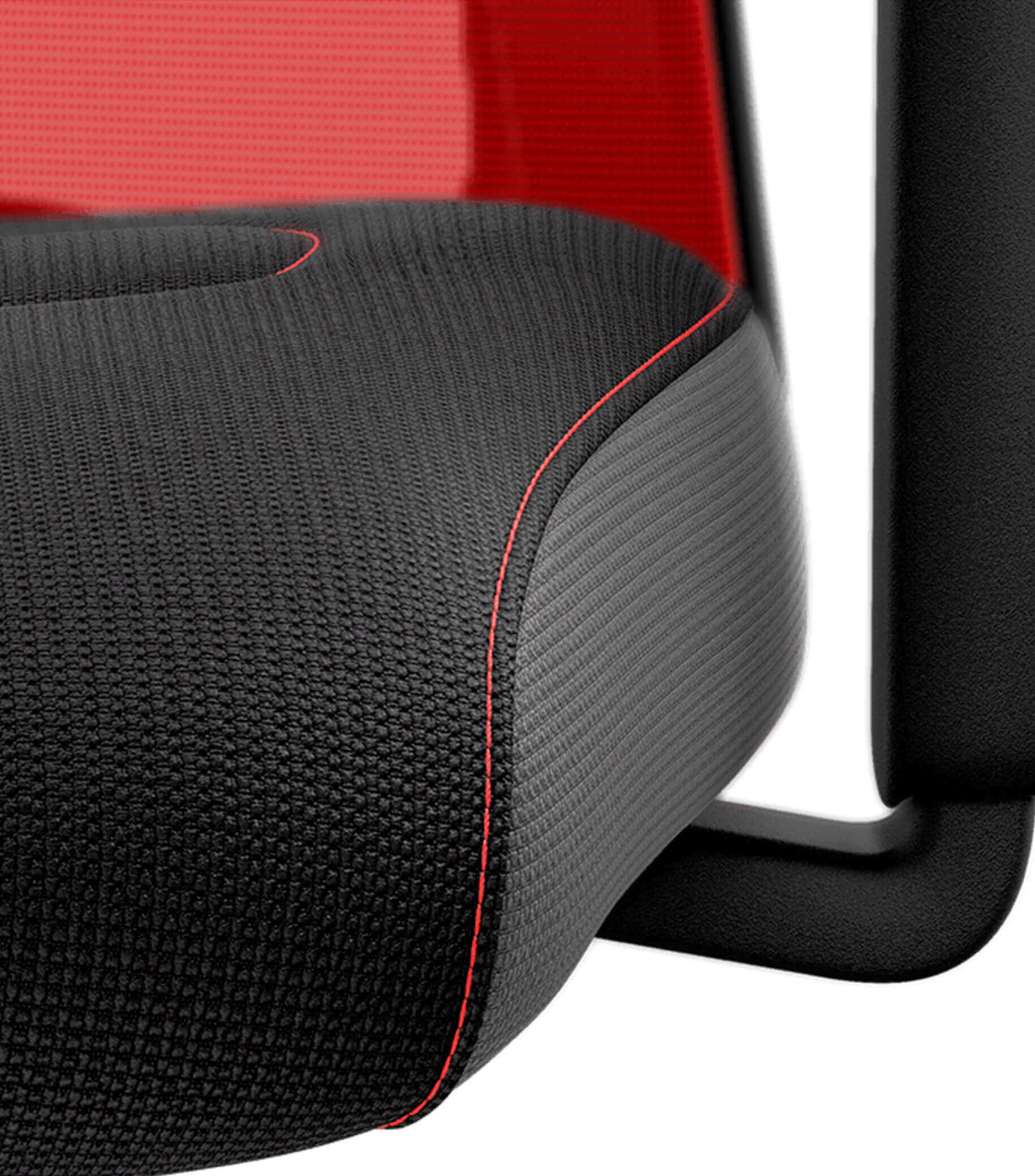 Ergonomic office chair with black fabric seat and red mesh back featuring Flextech synchro mechanism for active sitting.