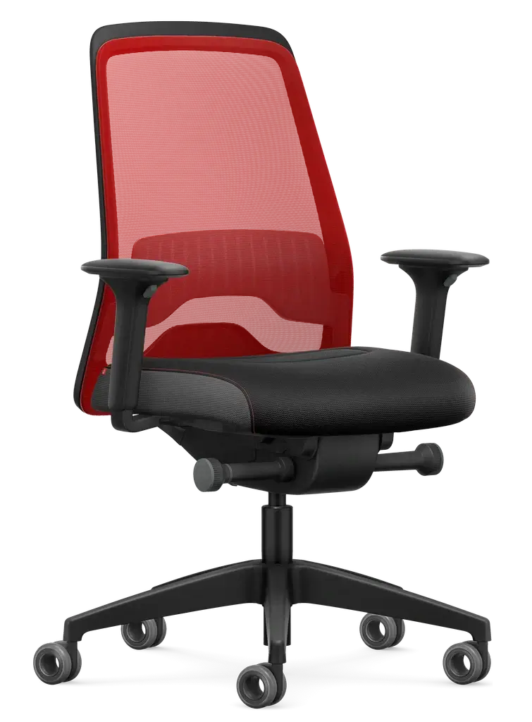 Red mesh ergonomic chair with Flextech synchro mechanism and T-armrests for active sitting and spinal mobilization.