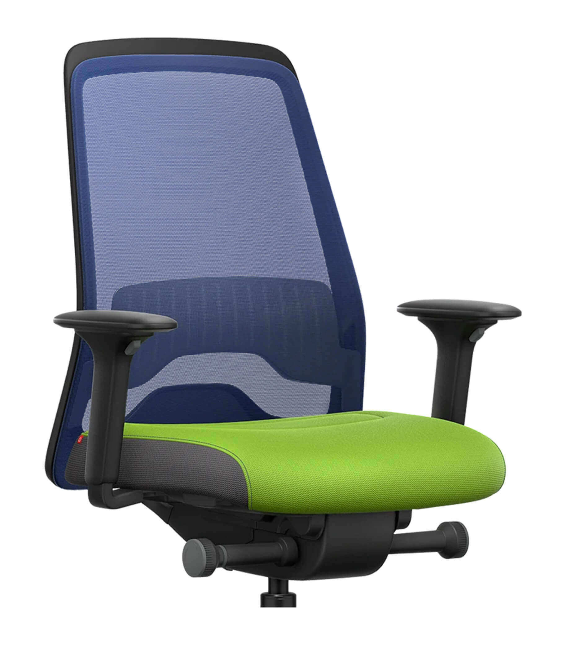 Ergonomic Flextech chair with blue mesh back and green seat featuring T-armrests and adjustable synchro mechanism.