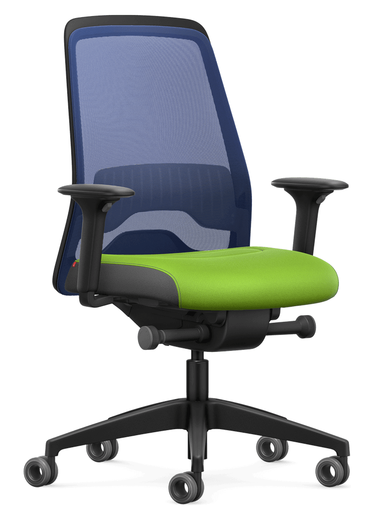 Ergonomic office chair with blue mesh back and T-armrests, featuring Flextech Synchro Mechanism for active, customizable seating.