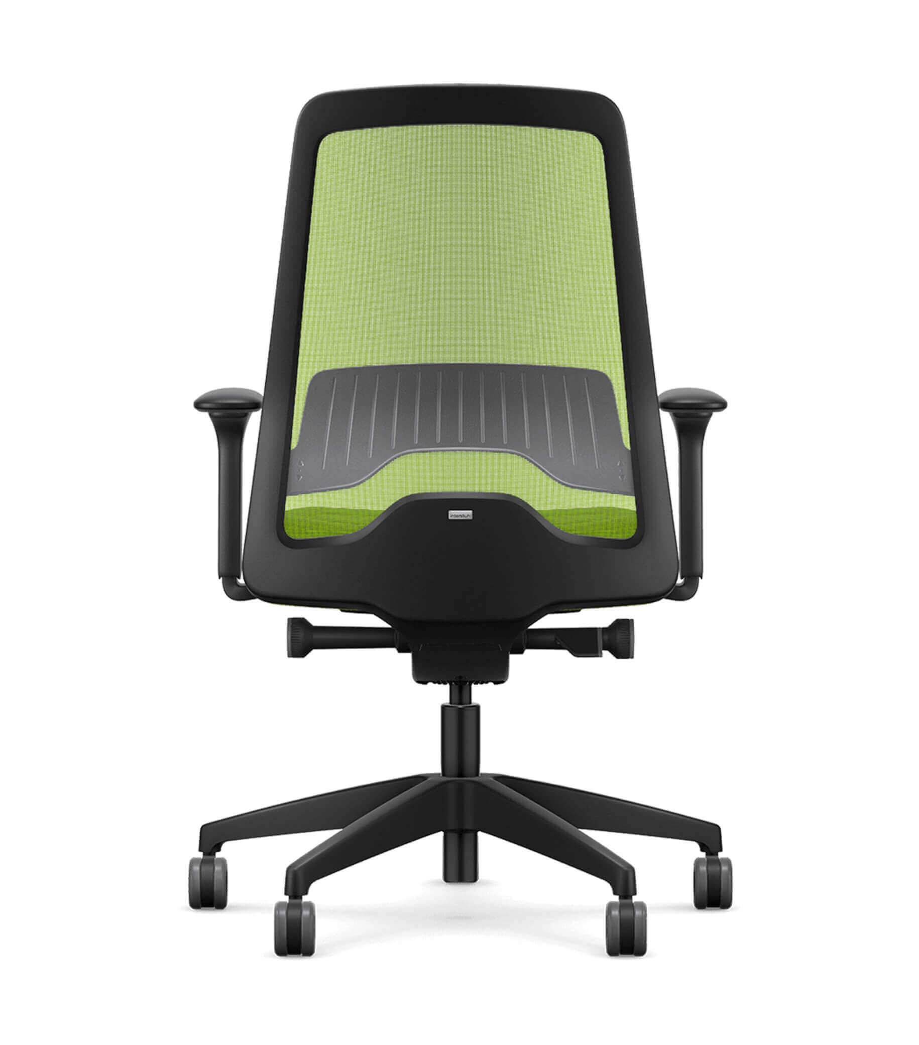 Ergonomic office chair with green mesh back and T-armrests featuring Flextech Synchro Mechanism for active seating.