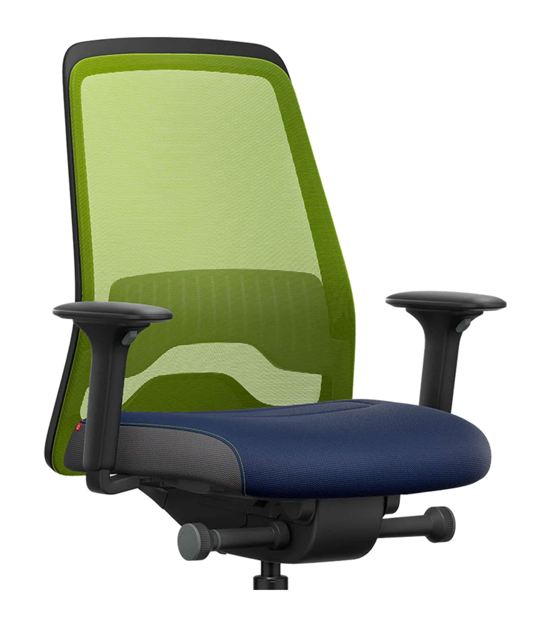 Green mesh back office chair with ergonomic Flextech synchro mechanism and T-armrests for active sitting and improved posture.