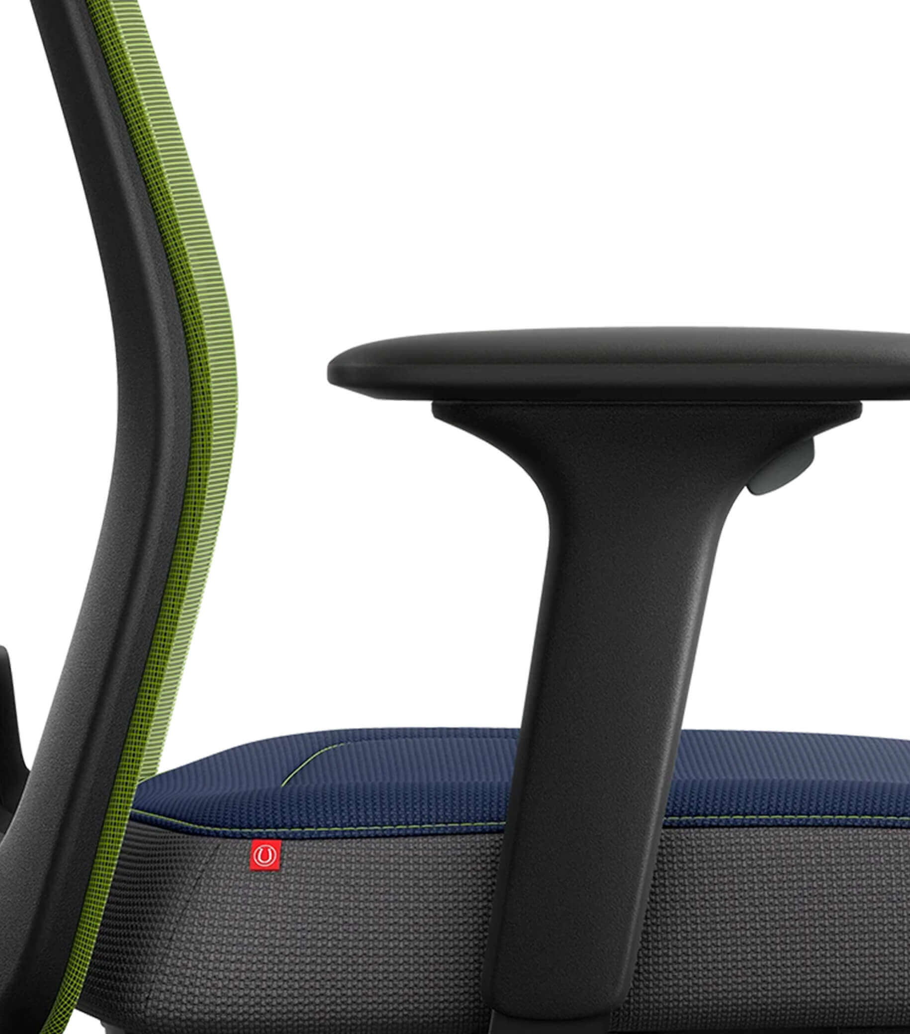 Green mesh back ergonomic chair with T-armrests and Flextech synchro mechanism for active sitting and improved posture.