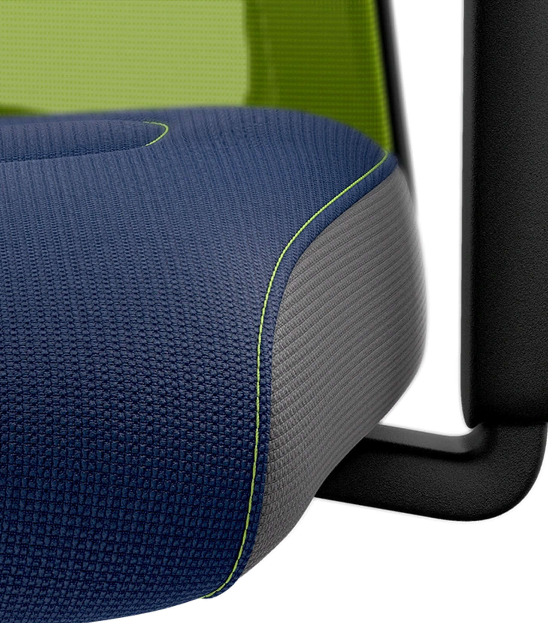 Close-up of Flextech Synchro chair seat with green mesh back and ergonomic design for active sitting.
