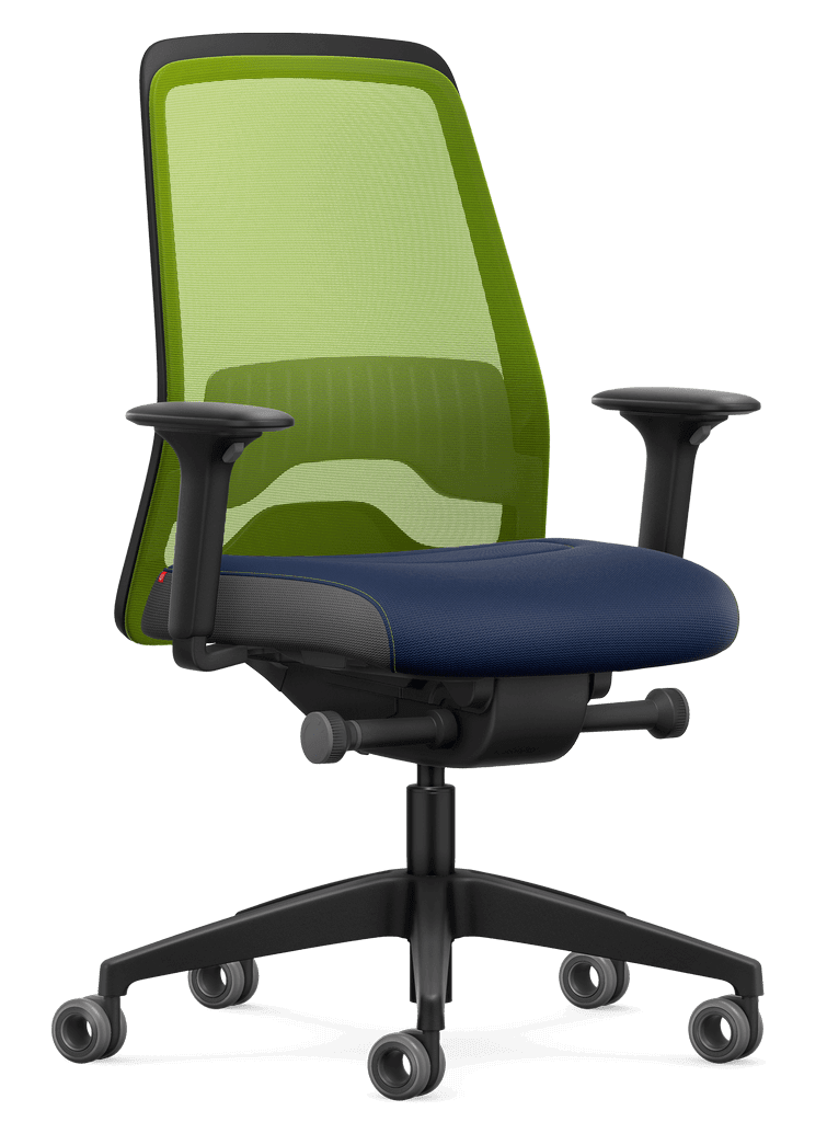 Green mesh high-back ergonomic chair with T-armrests and Flextech synchro mechanism for active sitting and improved blood circulation.