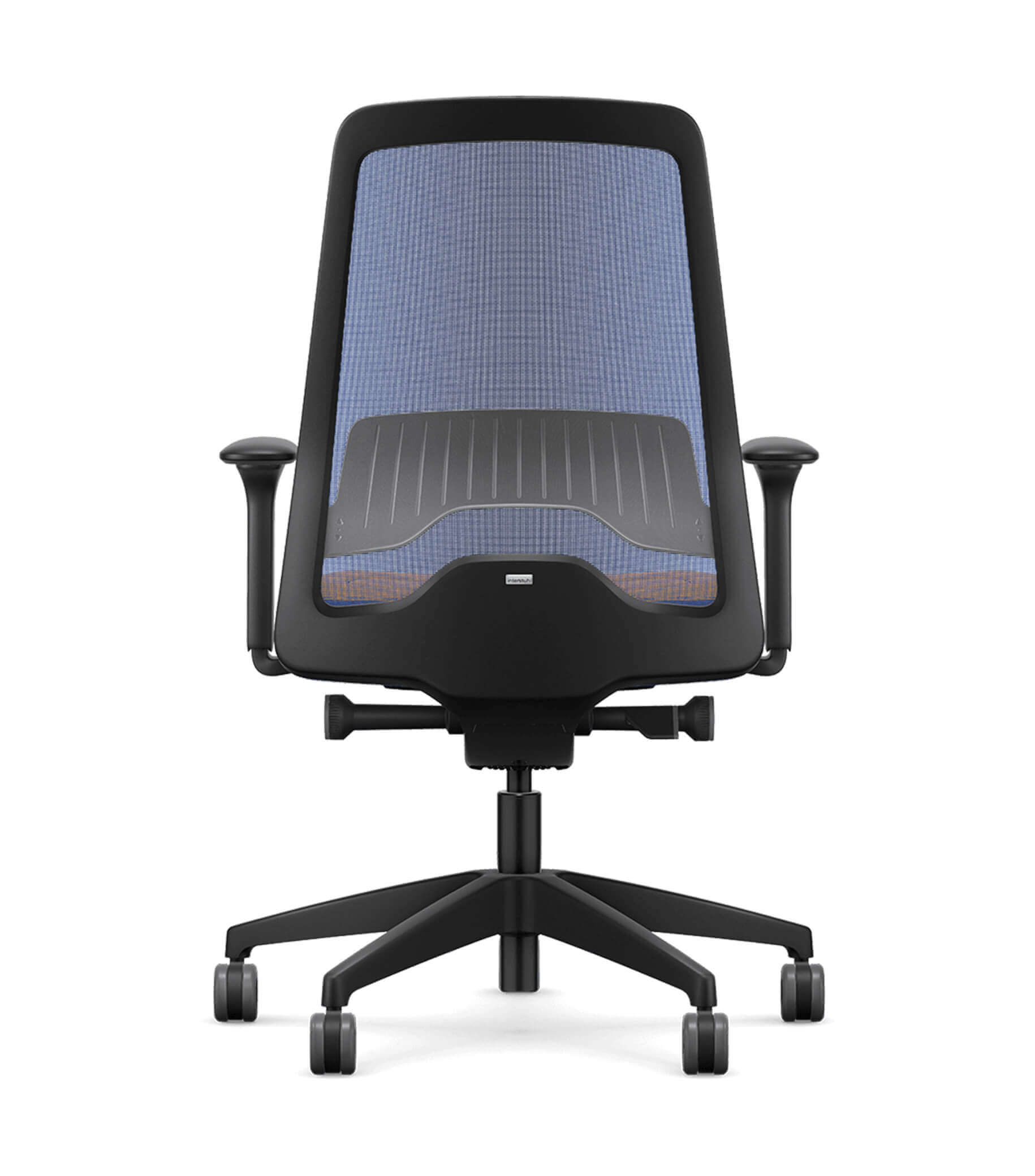 Ergonomic chair with blue mesh back and adjustable T-armrests featuring Flextech synchro mechanism for active sitting.