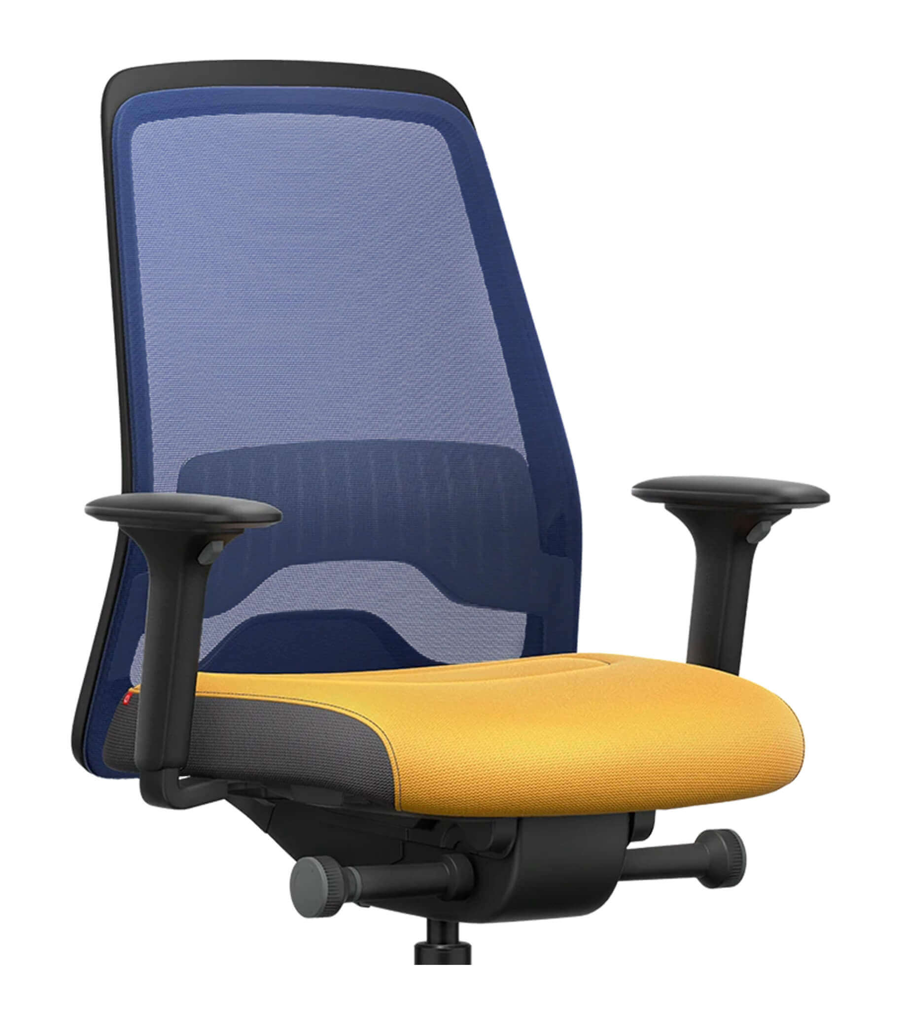 Ergonomic chair with blue mesh back and yellow seat featuring Flextech synchro mechanism and adjustable T-armrests.