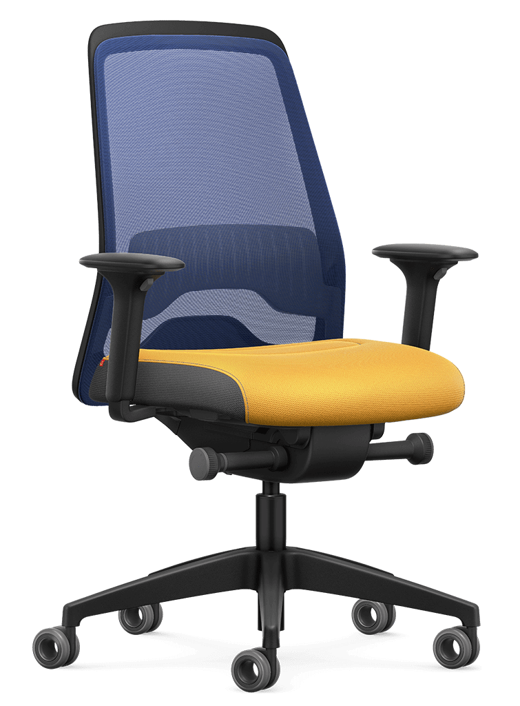 "Ergonomic office chair with blue mesh back and yellow seat featuring Flextech synchro mechanism and adjustable T-armrests"