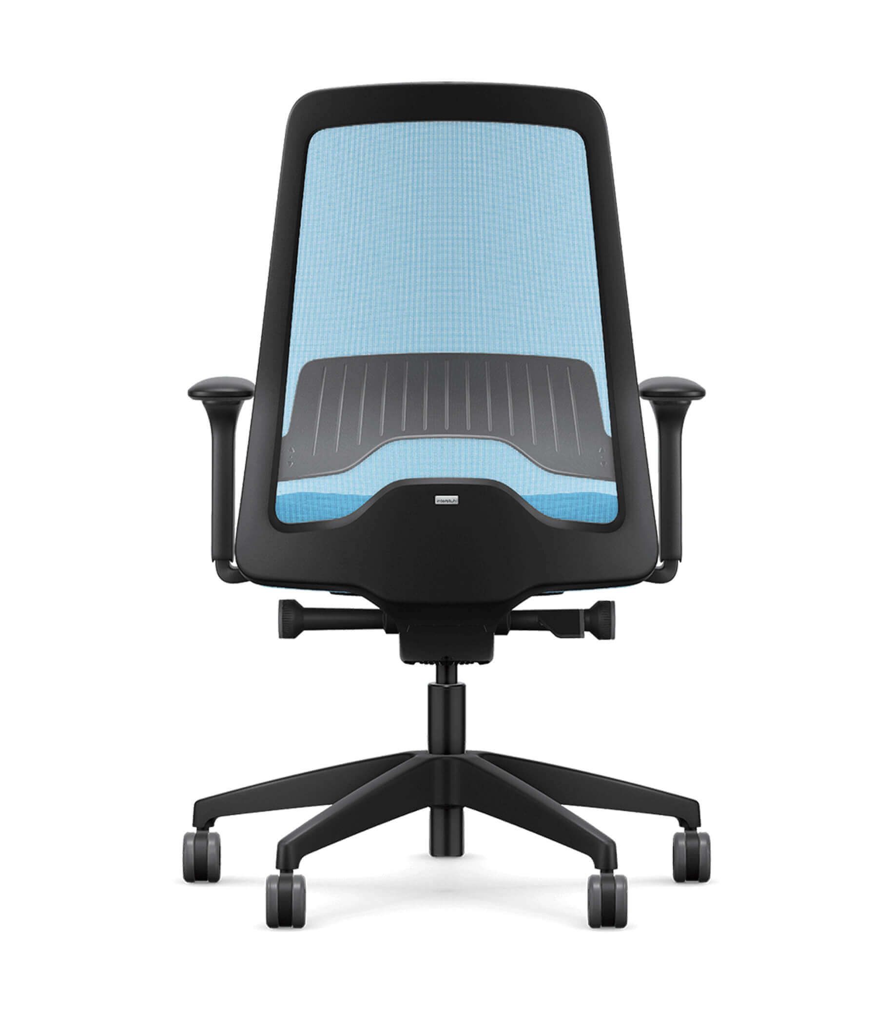 Light blue mesh office chair with T-armrests and Flextech synchro mechanism for ergonomic seating, back view.