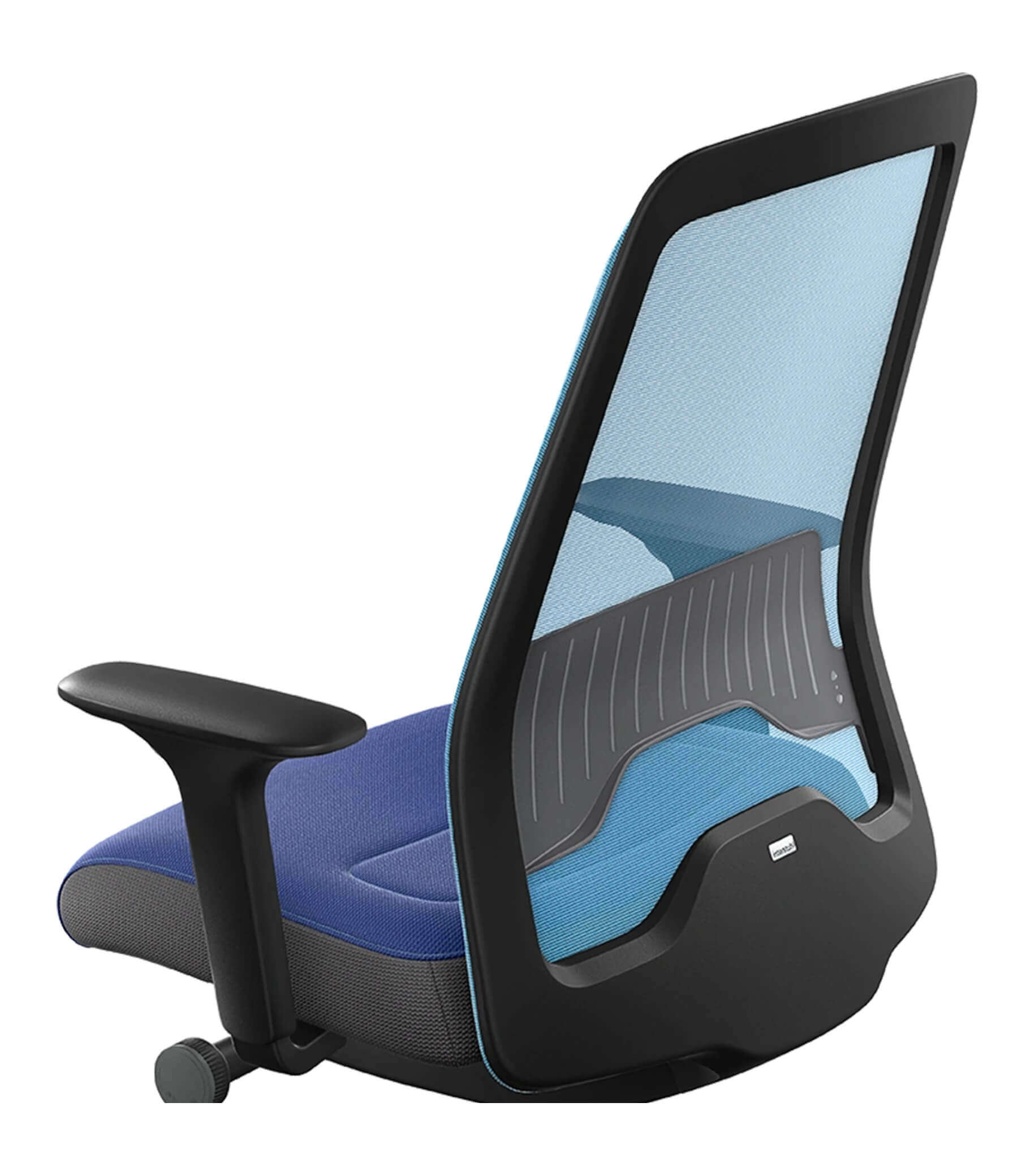 Light blue mesh office chair with Flextech synchro mechanism and T-armrests for ergonomic and active sitting.