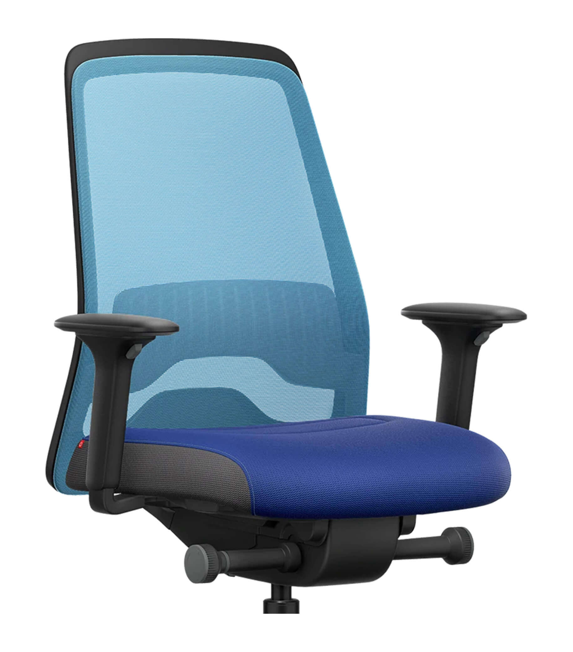 Light blue mesh ergonomic chair with adjustable T-armrests and Flextech synchro mechanism designed for active sitting and comfort.