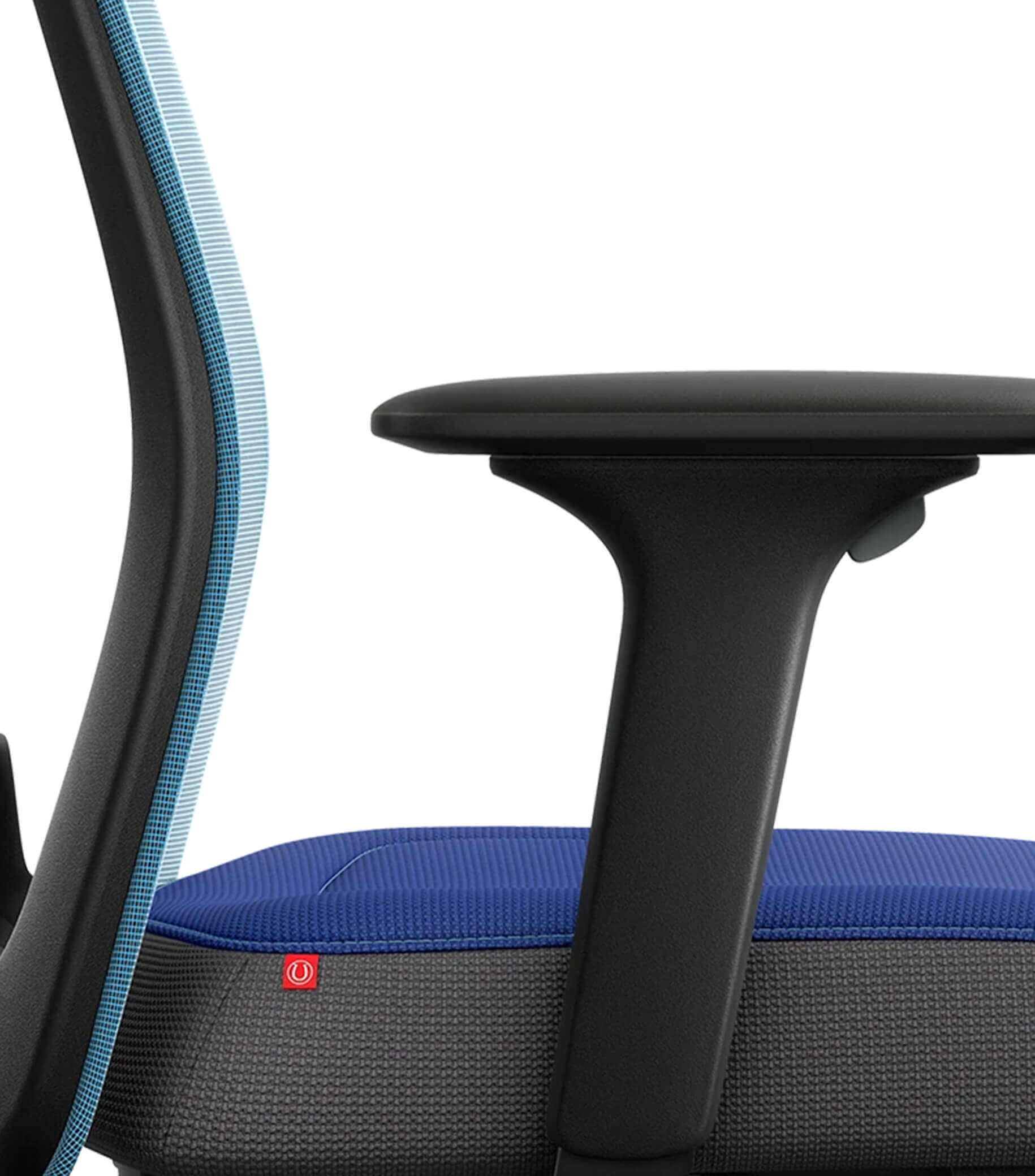 Light blue mesh office chair with T-armrests and ergonomic design for active sitting, featuring Flextech synchro mechanism.