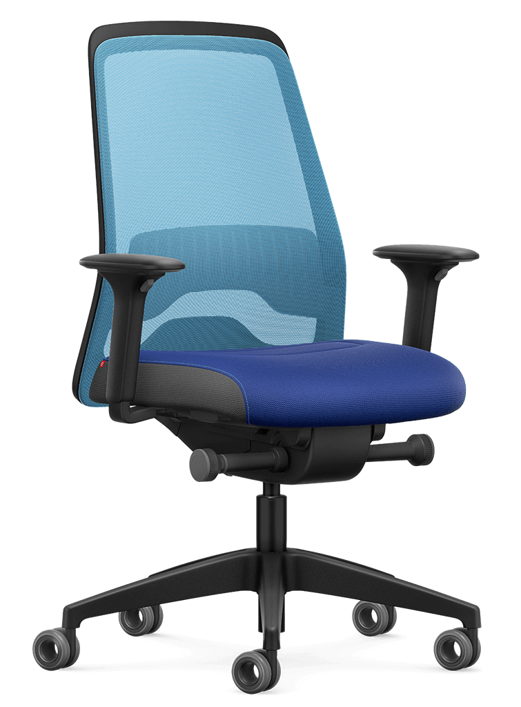 Light blue ergonomic office chair with Flextech synchro mechanism, mesh back, and T-armrests for active sitting and weight adjustment.