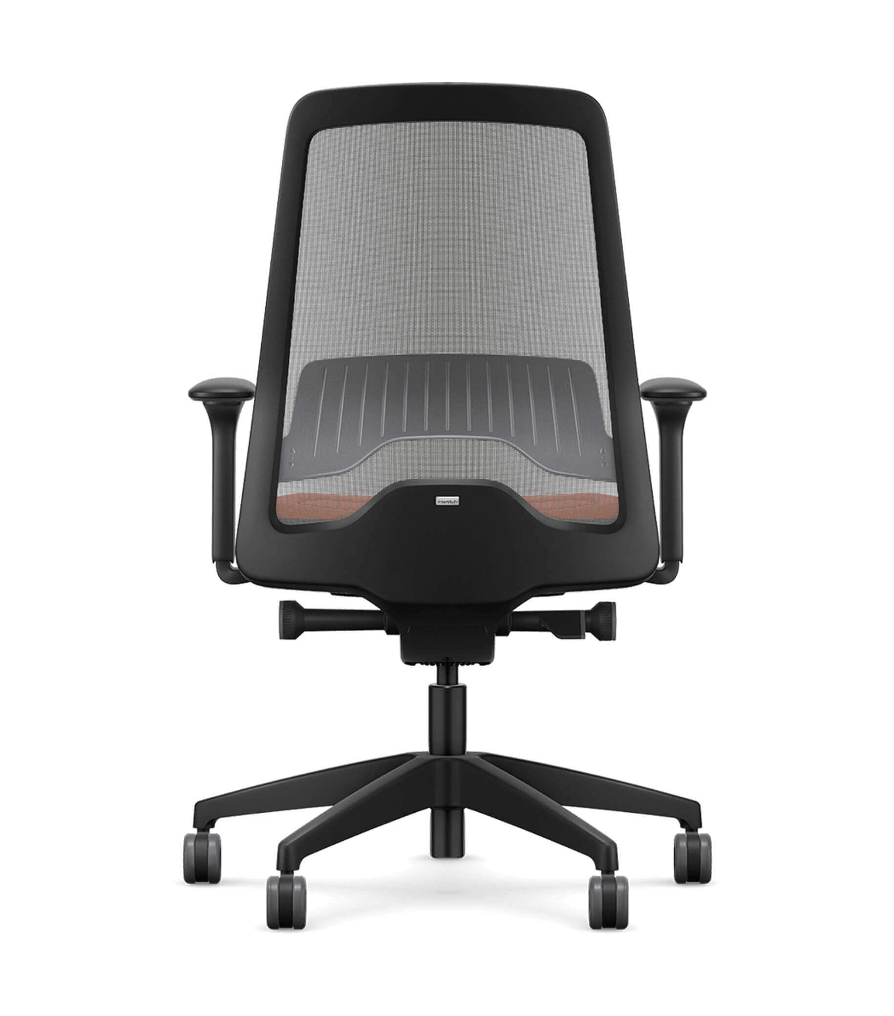 Ergonomic office chair with Flextech synchro mechanism, featuring a black mesh back and T-armrests, designed for active sitting.