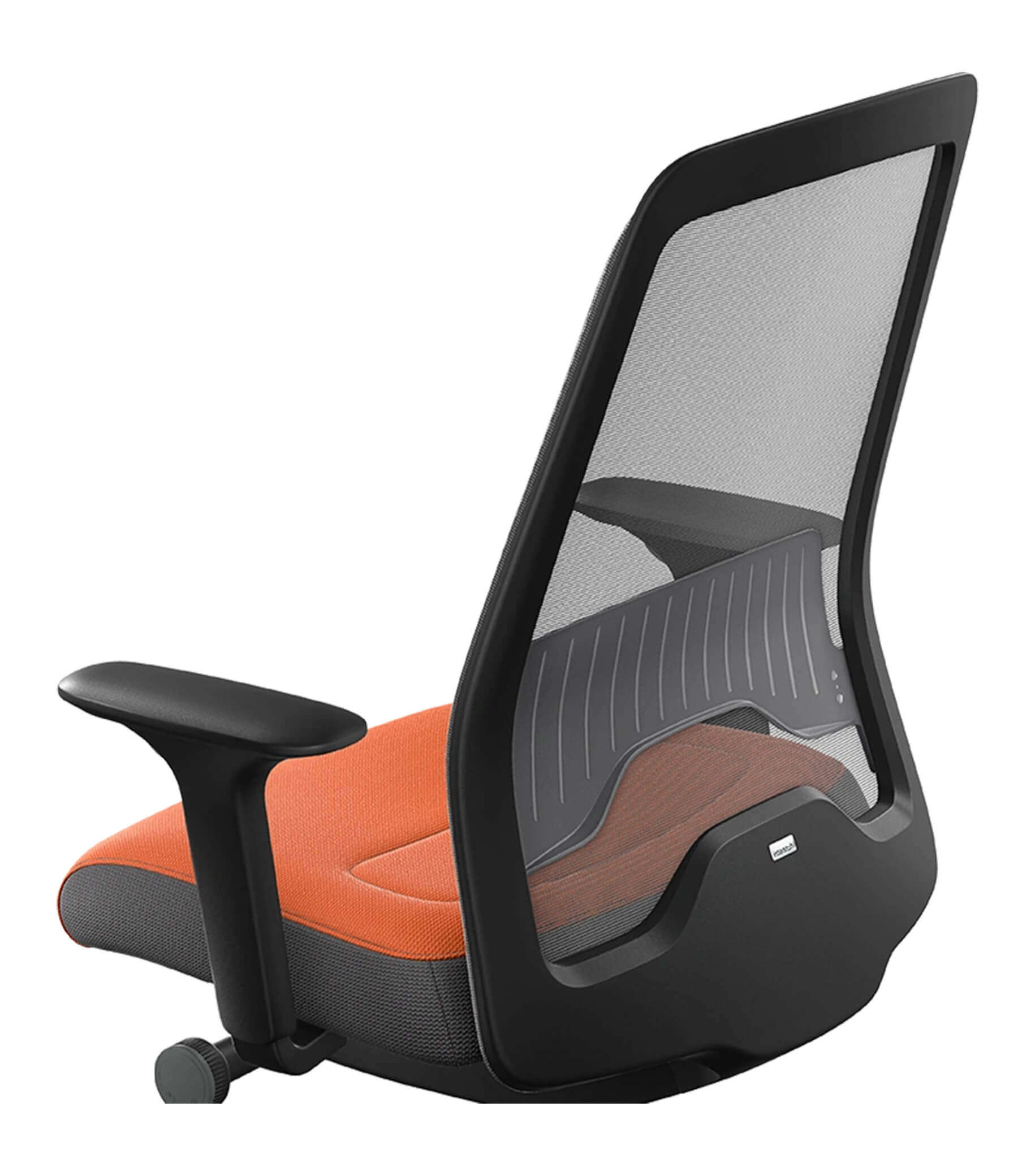 Ergonomic office chair with black mesh back and orange seat featuring Flextech synchro mechanism for active sitting and spine support.