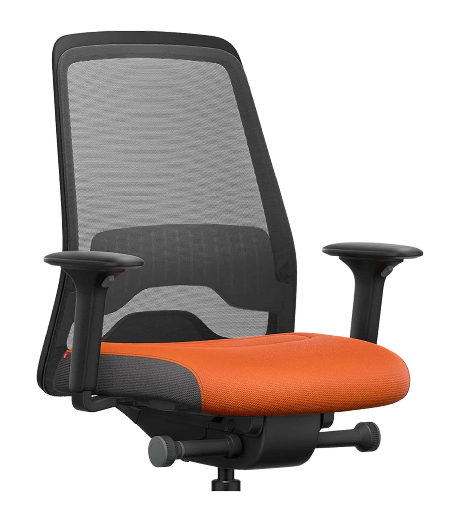 Ergonomic office chair with black mesh back and orange seat featuring adjustable T-armrests and Flextech synchro mechanism for active seating.