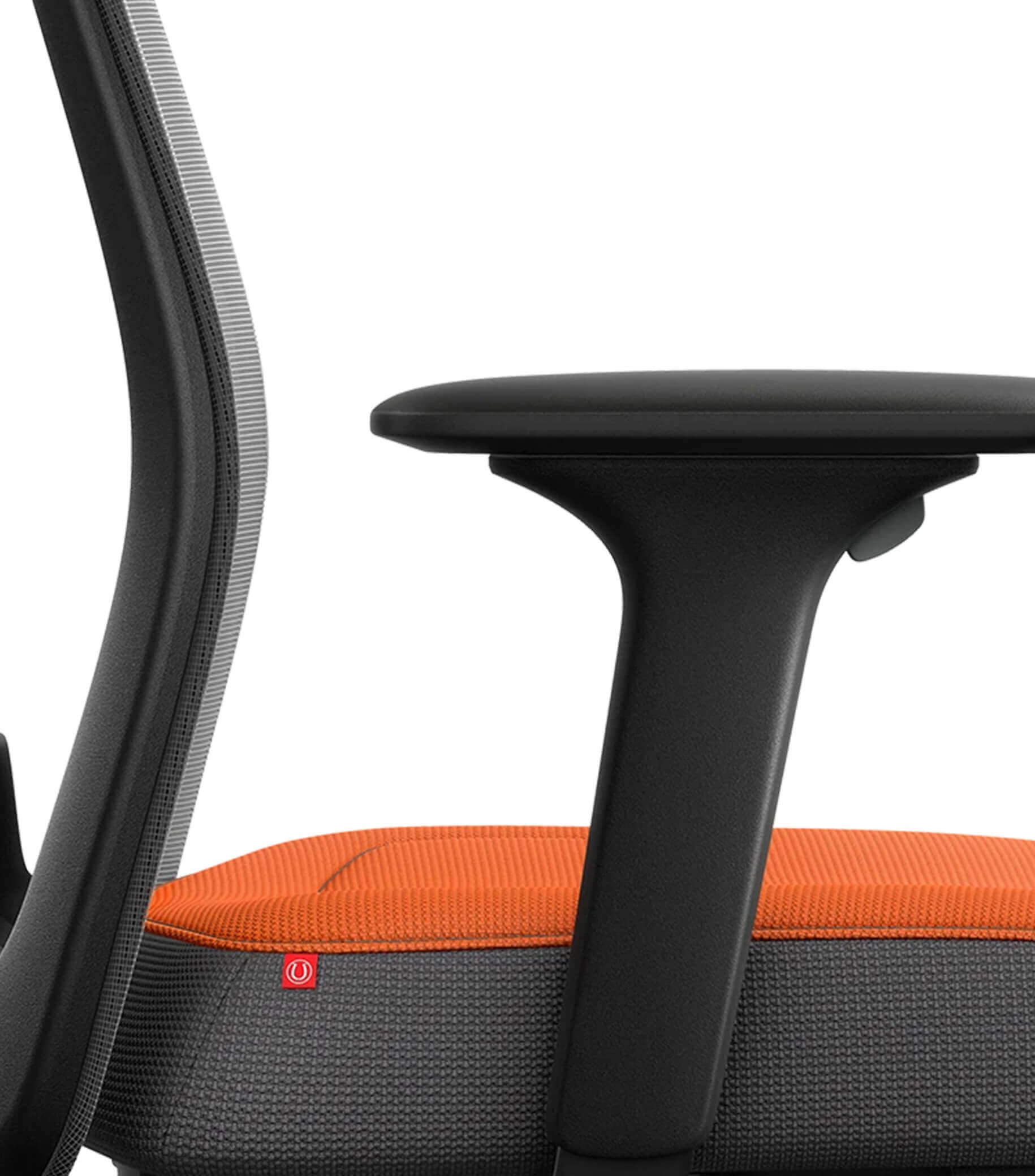 Ergonomic office chair with Flextech synchro mechanism, black mesh back, T-armrests, and orange seat for active sitting