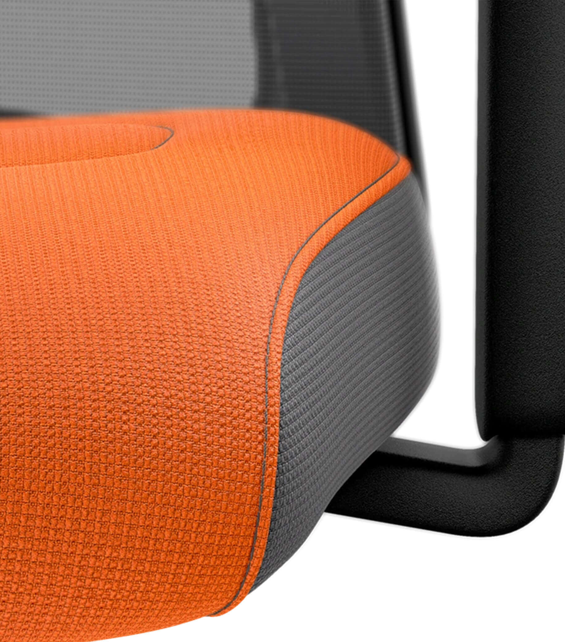 Close-up of an orange ergonomic chair seat with black mesh back, featuring Flextech synchro mechanism for active sitting.
