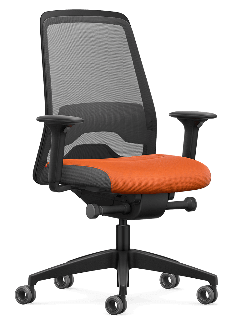 Ergonomic office chair with black mesh back, orange seat, and adjustable T-armrests featuring Flextech Synchro Mechanism.
