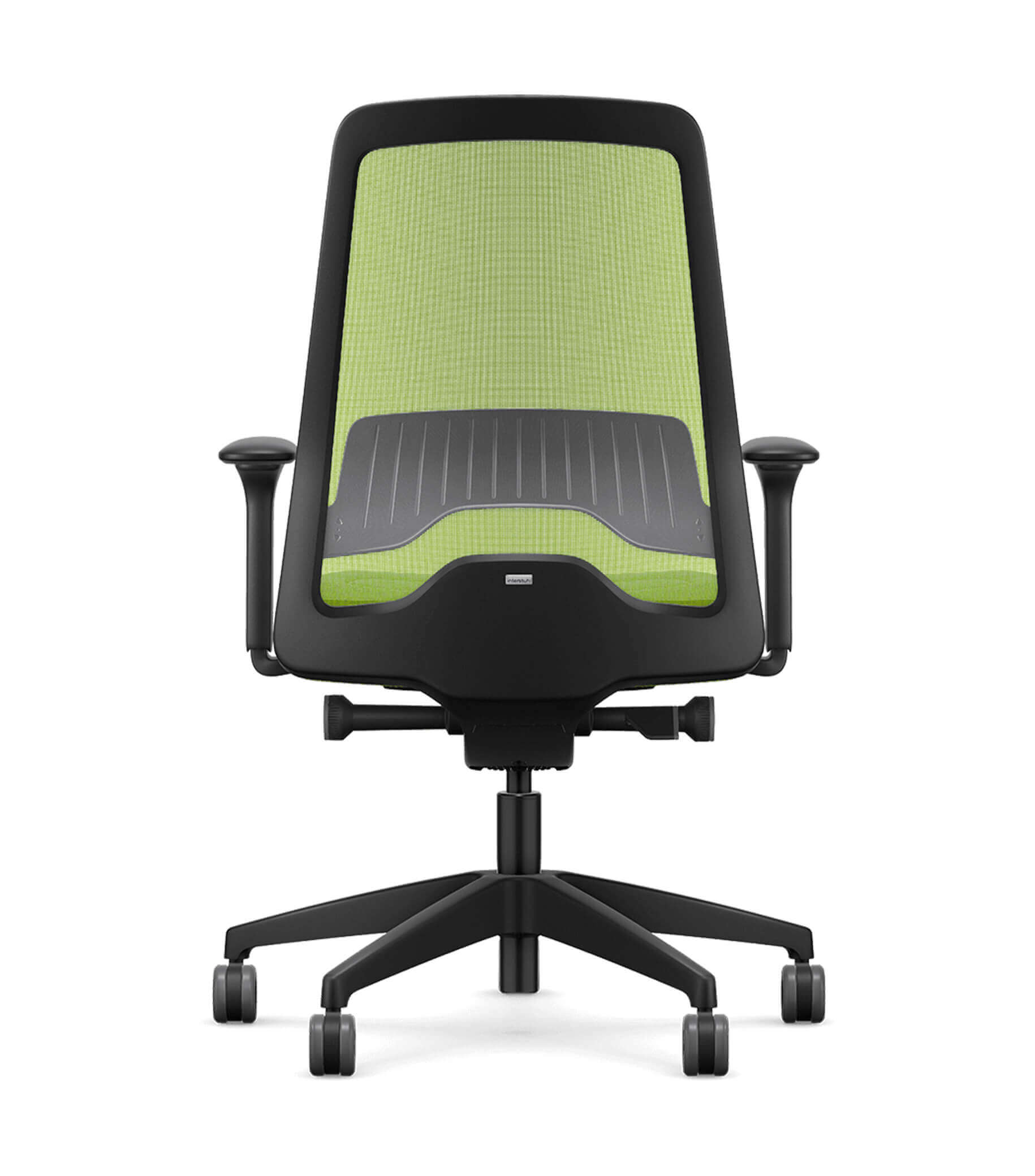 Green mesh back office chair with T-armrests and Flextech synchro mechanism for ergonomic seating and active sitting experience.