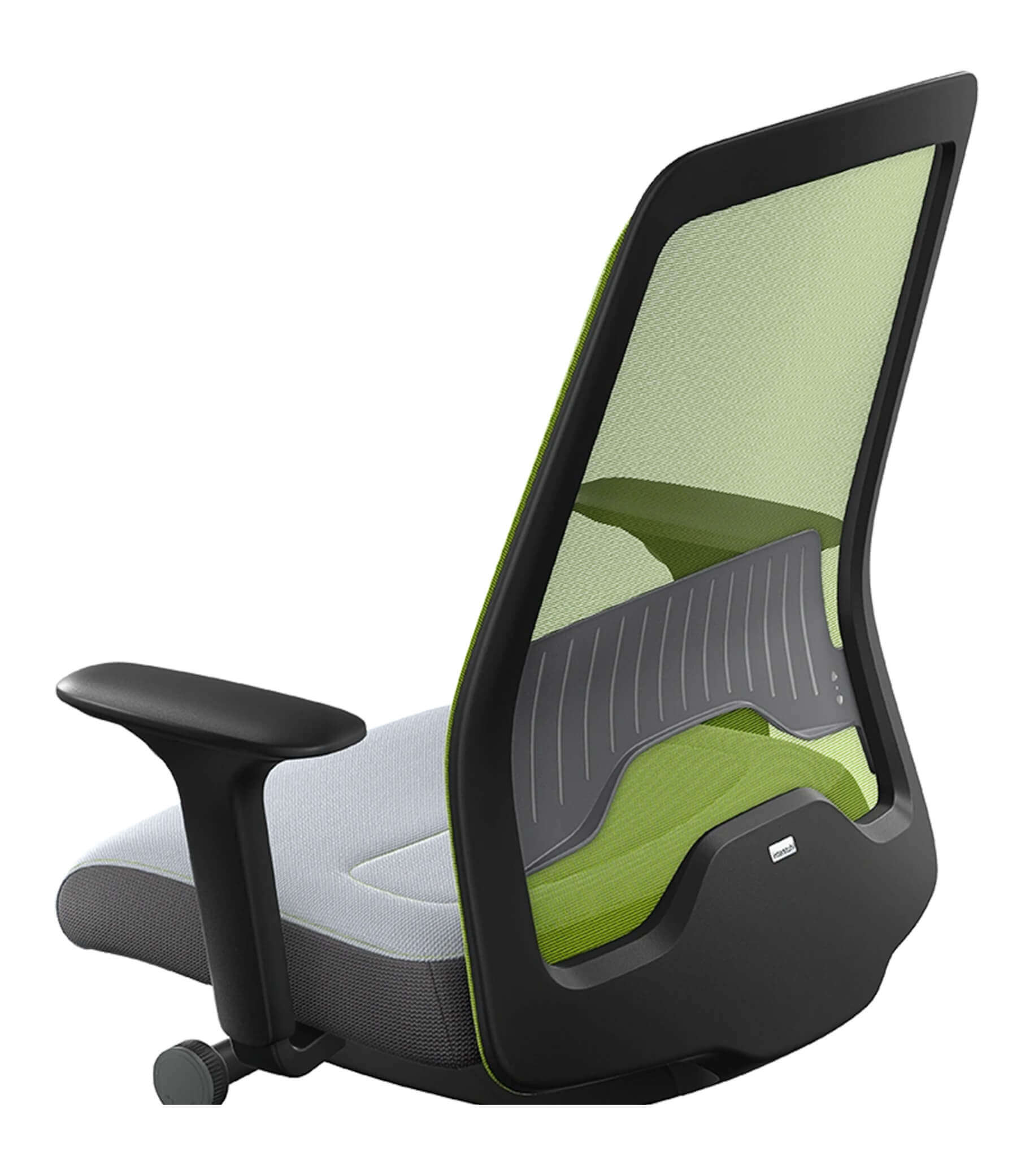 Green mesh office chair with Flextech synchro mechanism and T-armrests, designed for ergonomic seating and improved circulation.