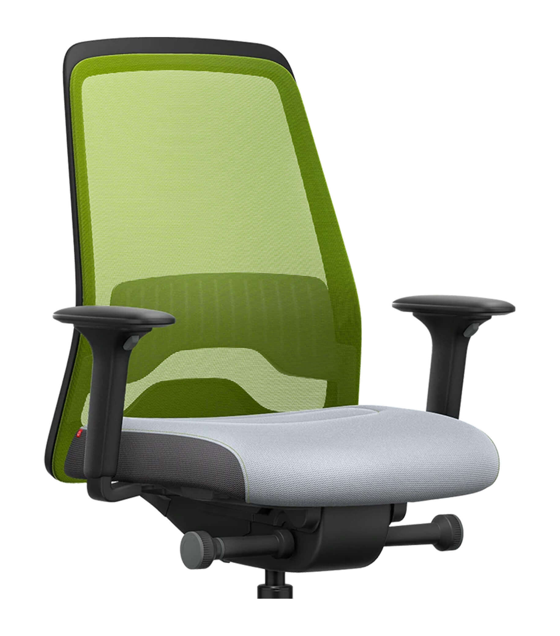 Ergonomic chair with green mesh back and adjustable T-armrests featuring Flextech synchro mechanism for active sitting.