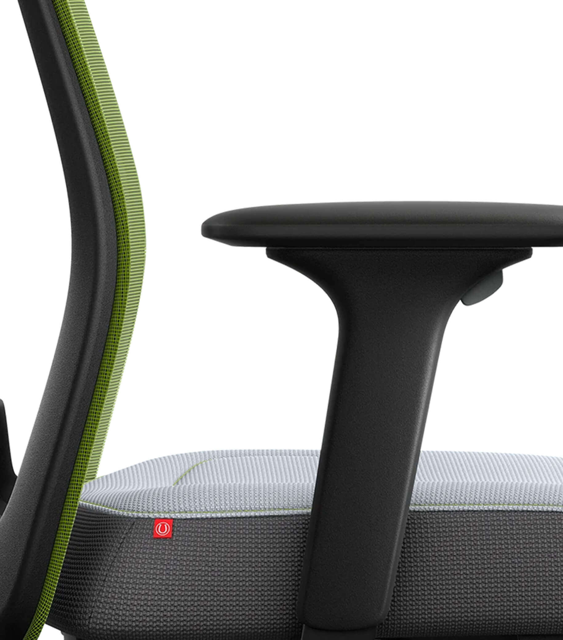 Ergonomic chair with green mesh back and T-armrests, featuring Flextech synchro mechanism for active sitting and improved posture.
