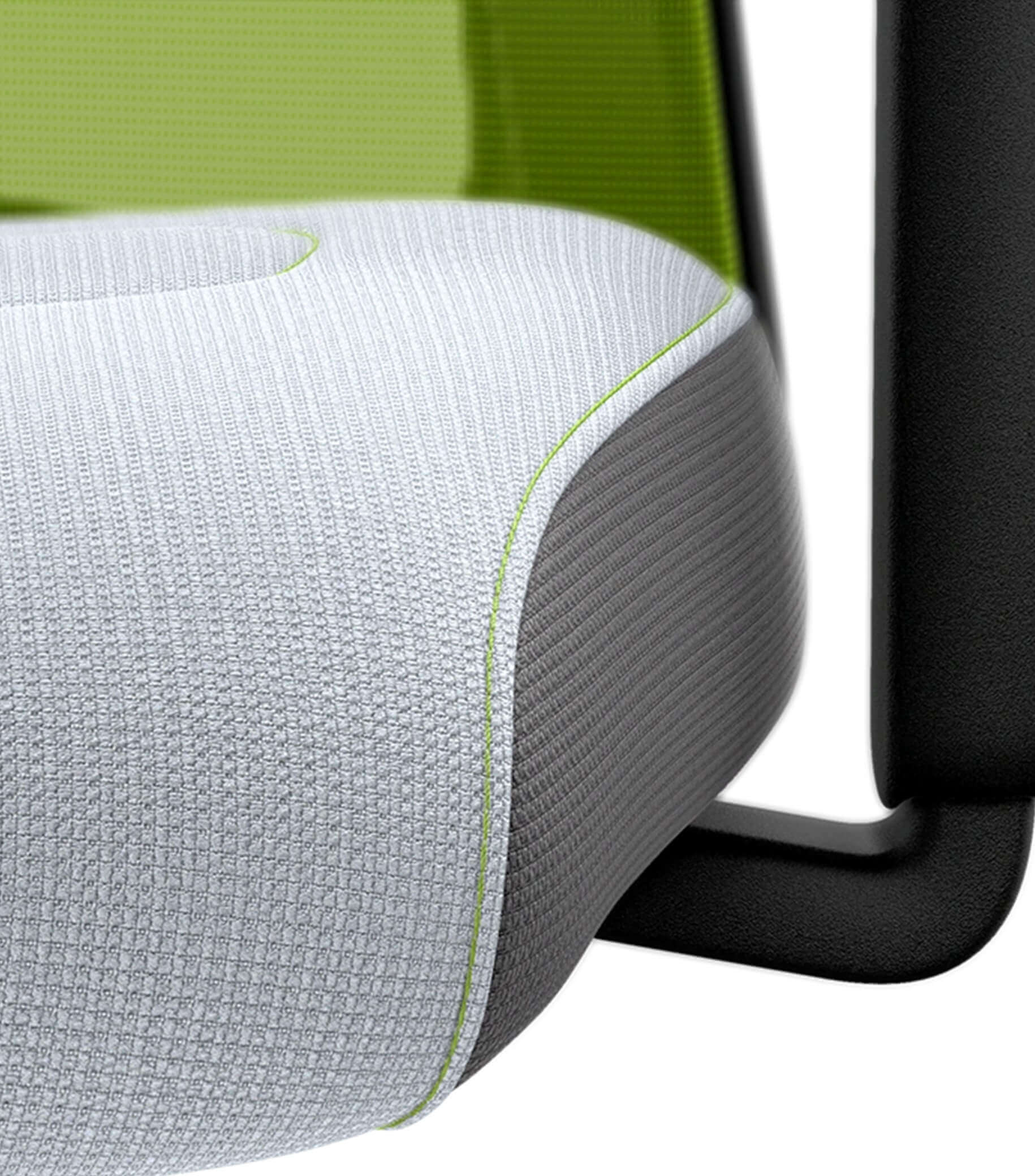 Close-up of Flextech chair seat with green mesh back and ergonomic design promoting active sitting and micro-movements.