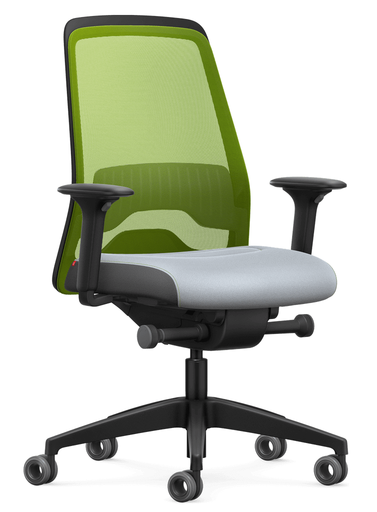 Green mesh ergonomic office chair with synchro mechanism and adjustable T-armrests for active sitting.