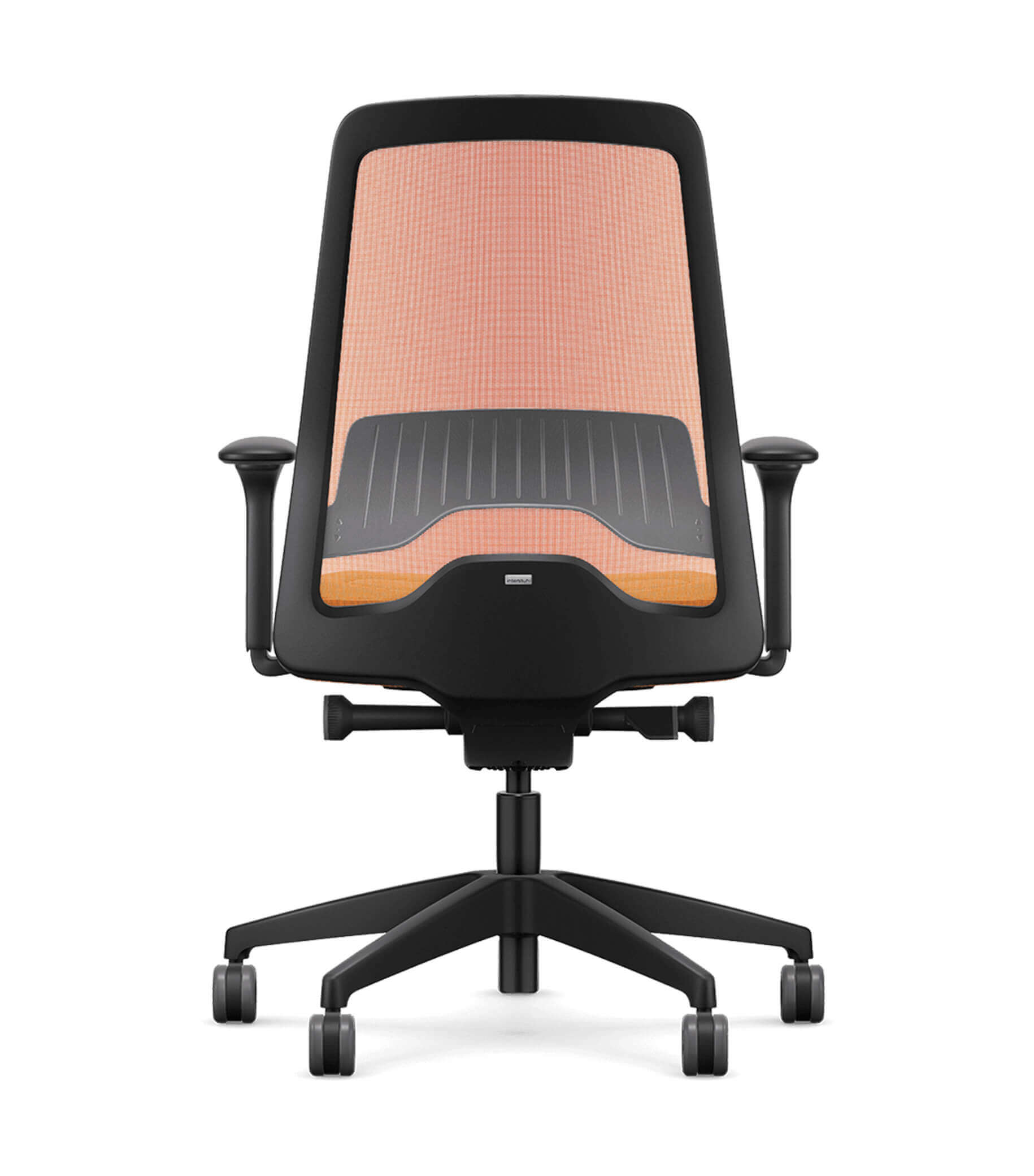Orange mesh ergonomic office chair with T-armrests and Flextech synchro mechanism for active sitting and enhanced comfort.
