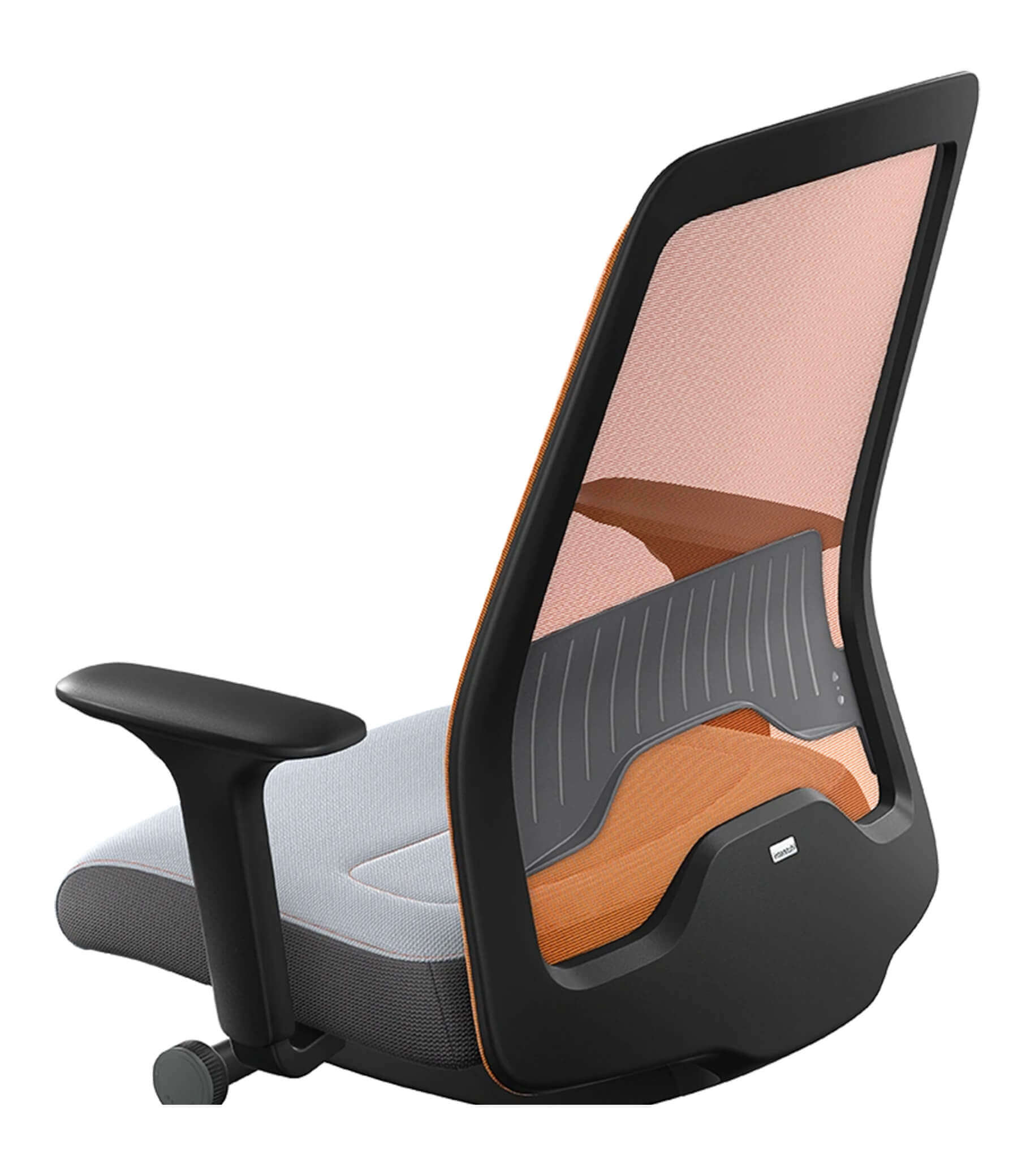 Ergonomic chair with orange mesh back, T-armrests, and Flextech synchro mechanism for active sitting and improved posture.