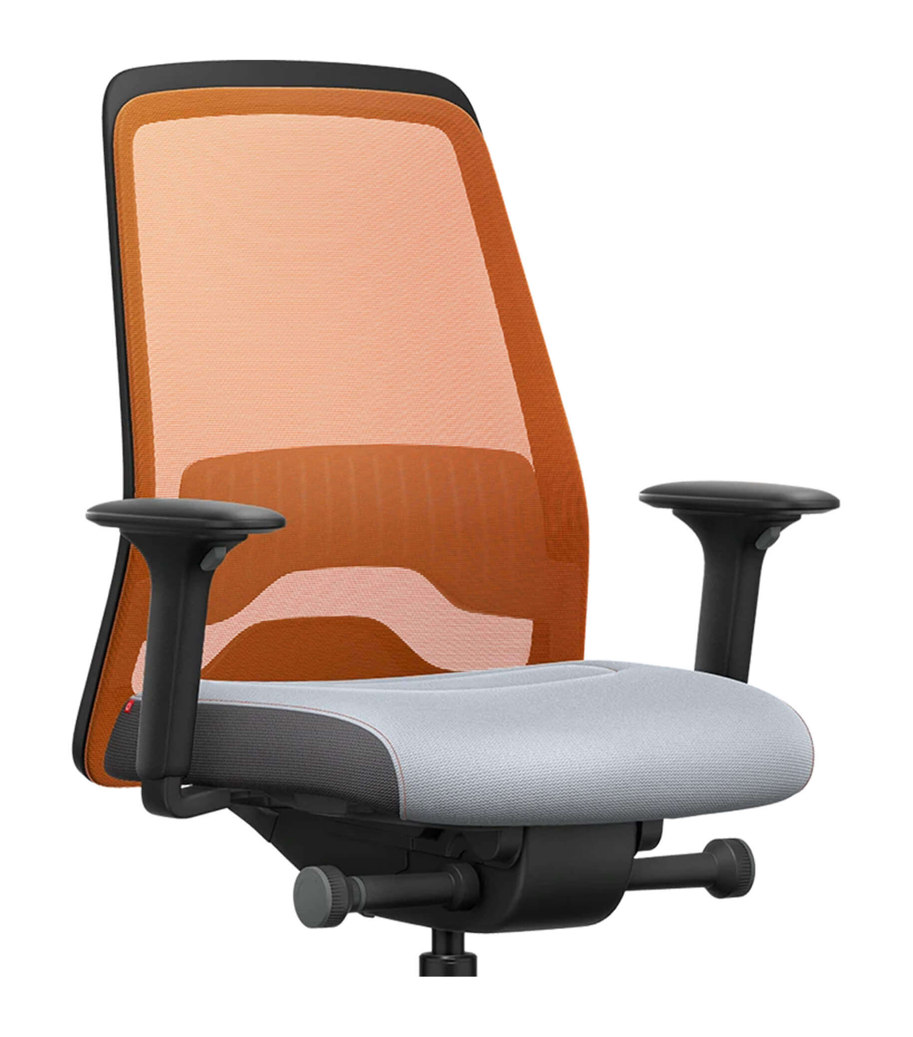 Orange mesh back office chair with T-armrests and Flextech synchro mechanism for ergonomic support and active sitting.
