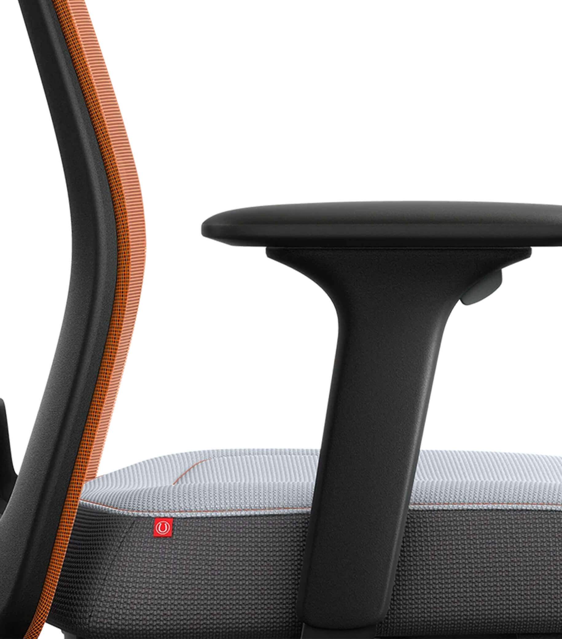 Office chair with orange mesh back and black T-armrest featuring Flextech synchro mechanism for ergonomic and active sitting.