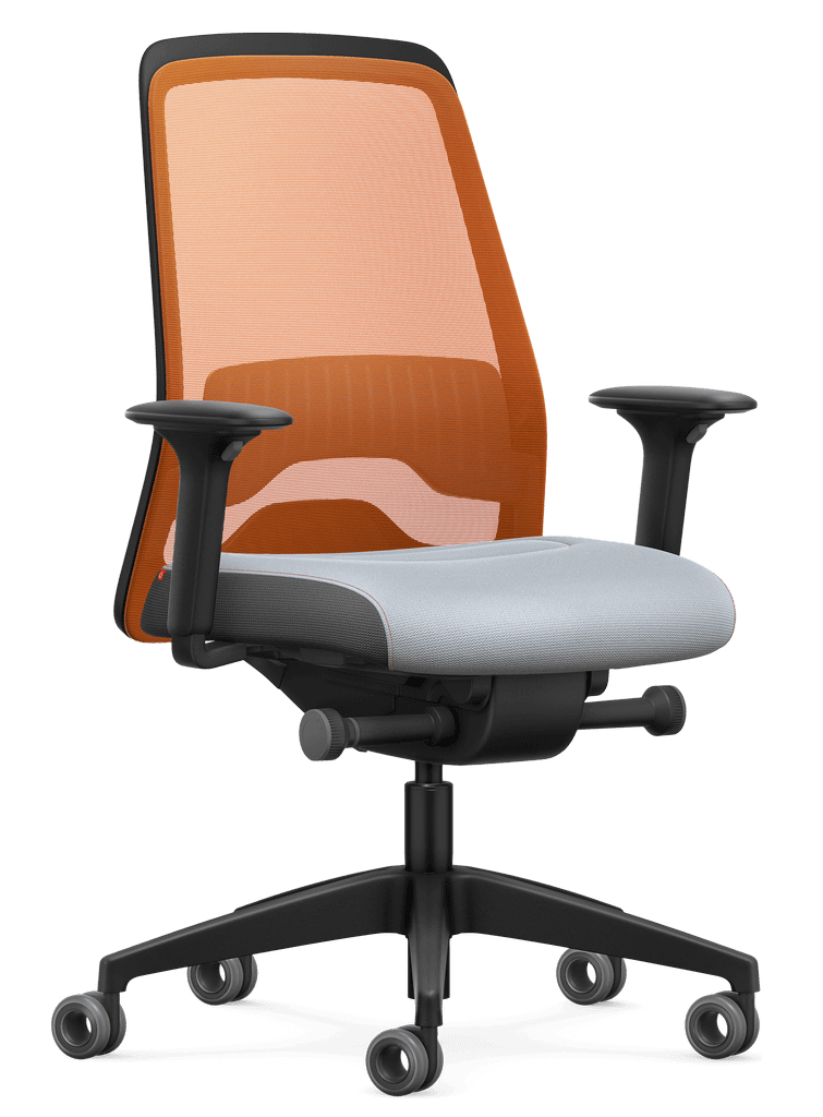 Ergonomic office chair with orange mesh back and T-armrests featuring Flextech synchro mechanism for active sitting and posture support.